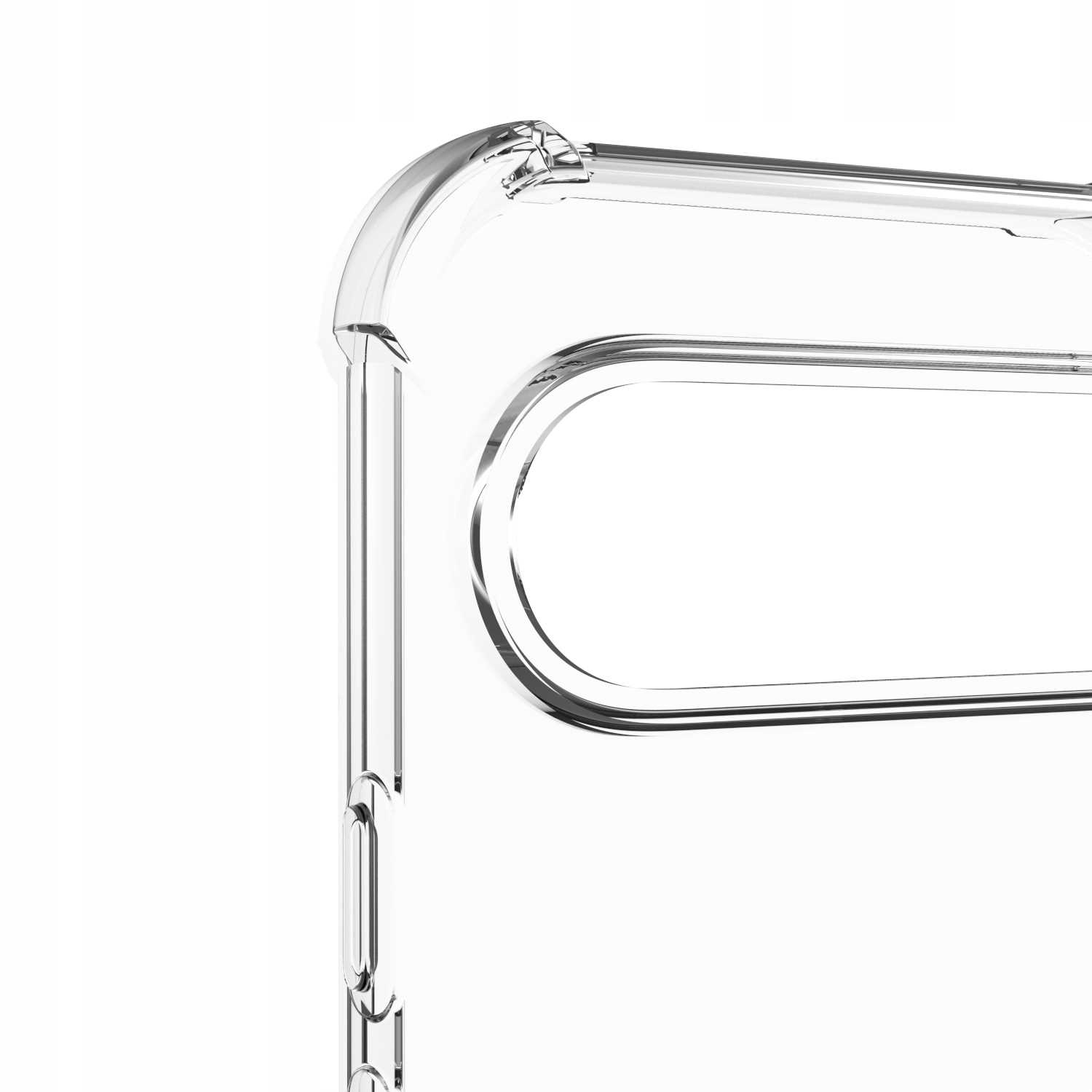 Zbliżenie etui na telefon. Etui jest przezroczyste, ma gładkie krzywizny i ukazuje wygląd telefonu.