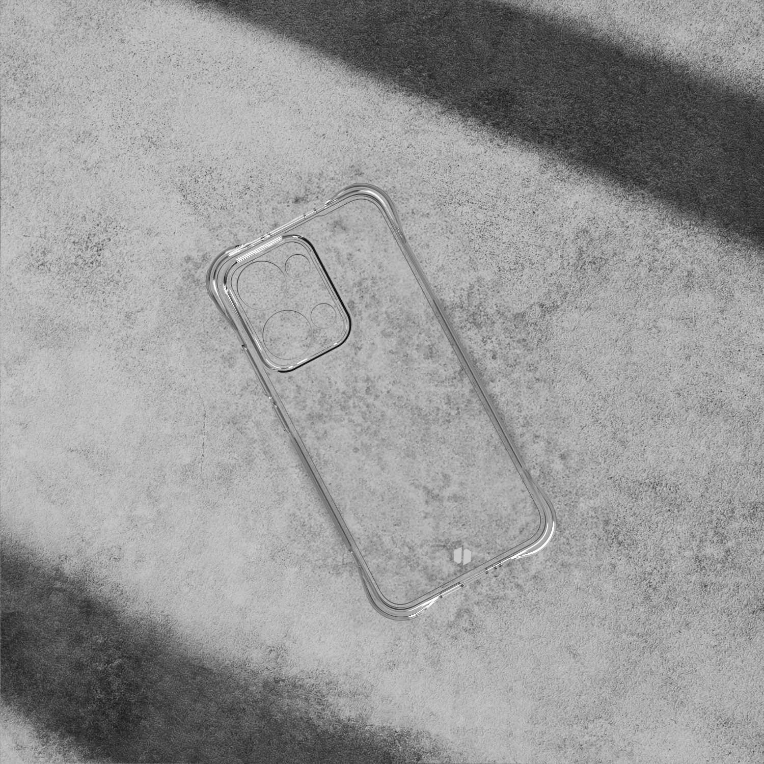 Przezroczyste etui na telefon na teksturowanej szarej powierzchni, z cieniami.