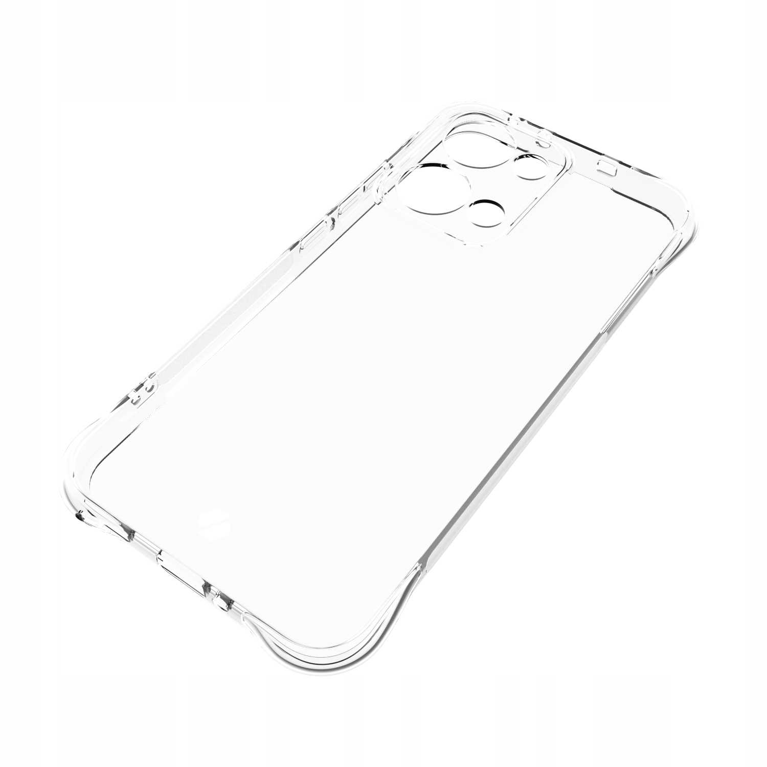 Ukośne przezroczyste etui na telefon na białym tle. Etui jest przezroczyste i puste.