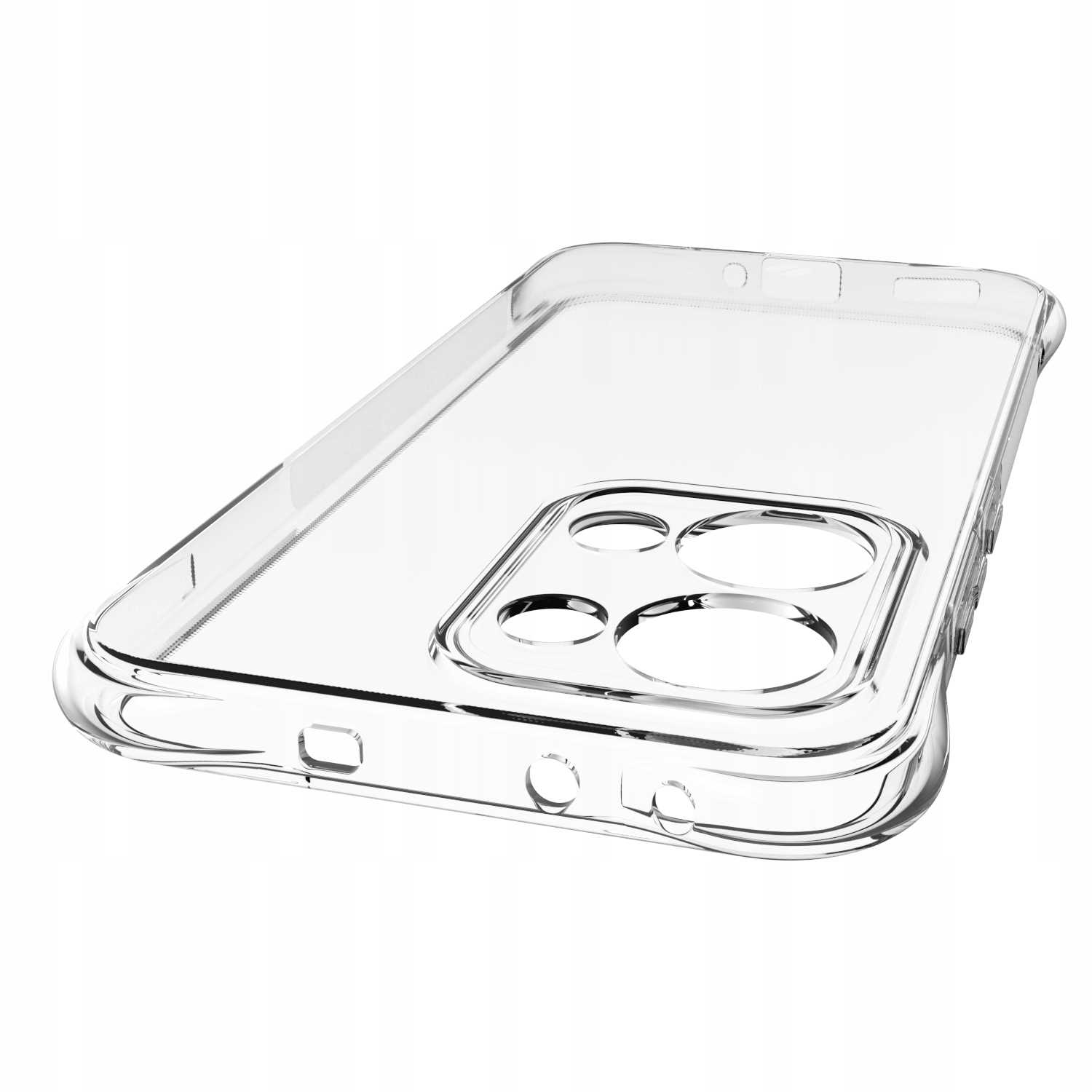 Przezroczyste etui na telefon na białym tle. Etui jest przezroczyste, pokazując obszar aparatu.
