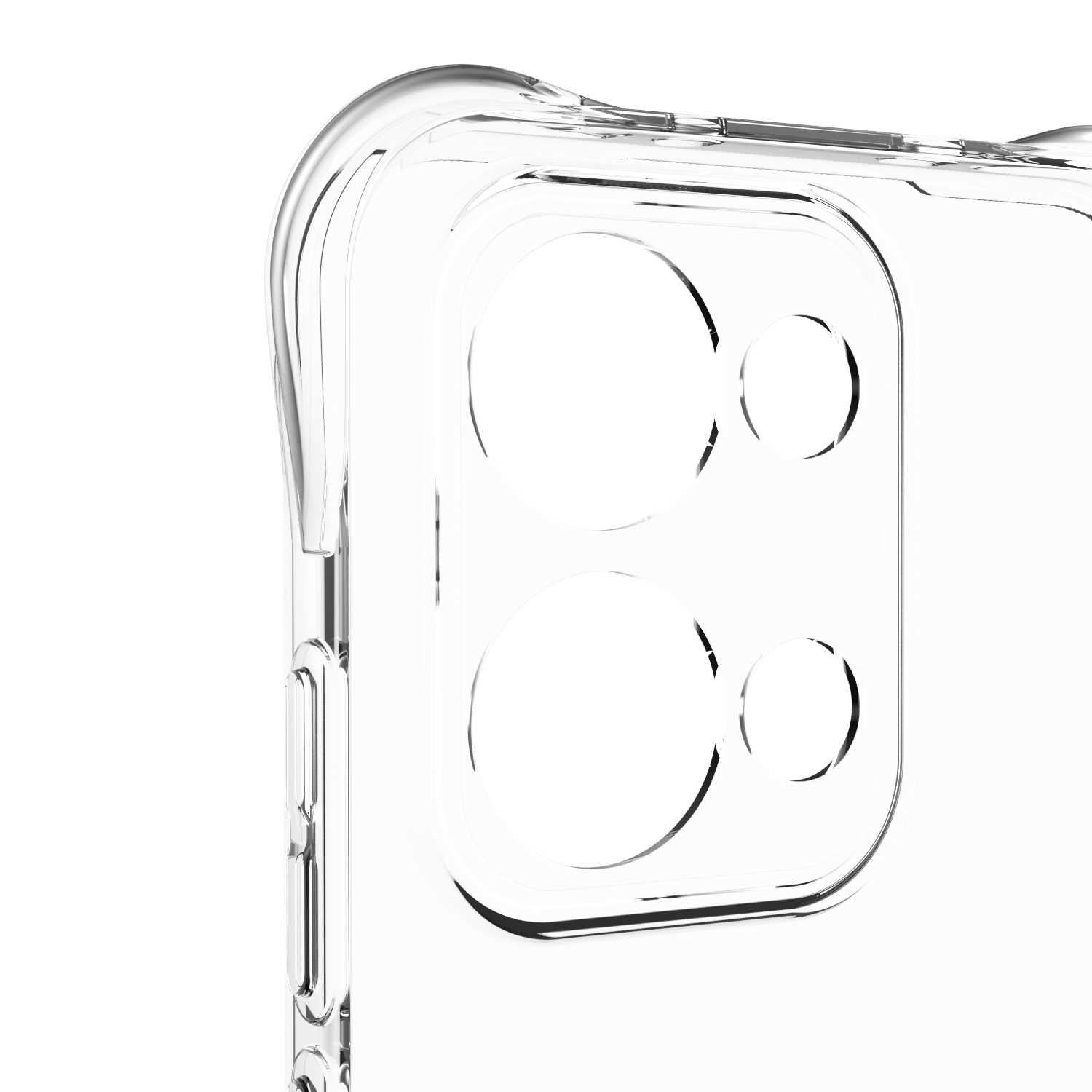 Zbliżenie wycięcia aparatu w przezroczystym etui na telefon na białym tle. Etui jest puste.