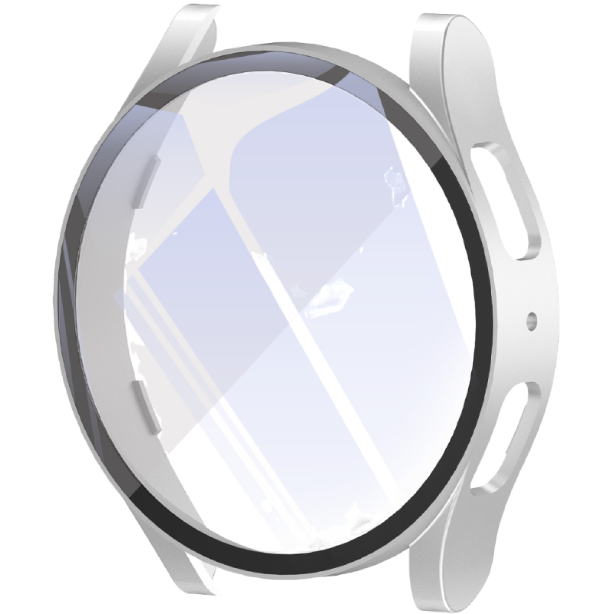 Boîtier de montre connectée argenté et protecteur d'écran en verre. Le boîtier est vide et le protecteur est dessus.