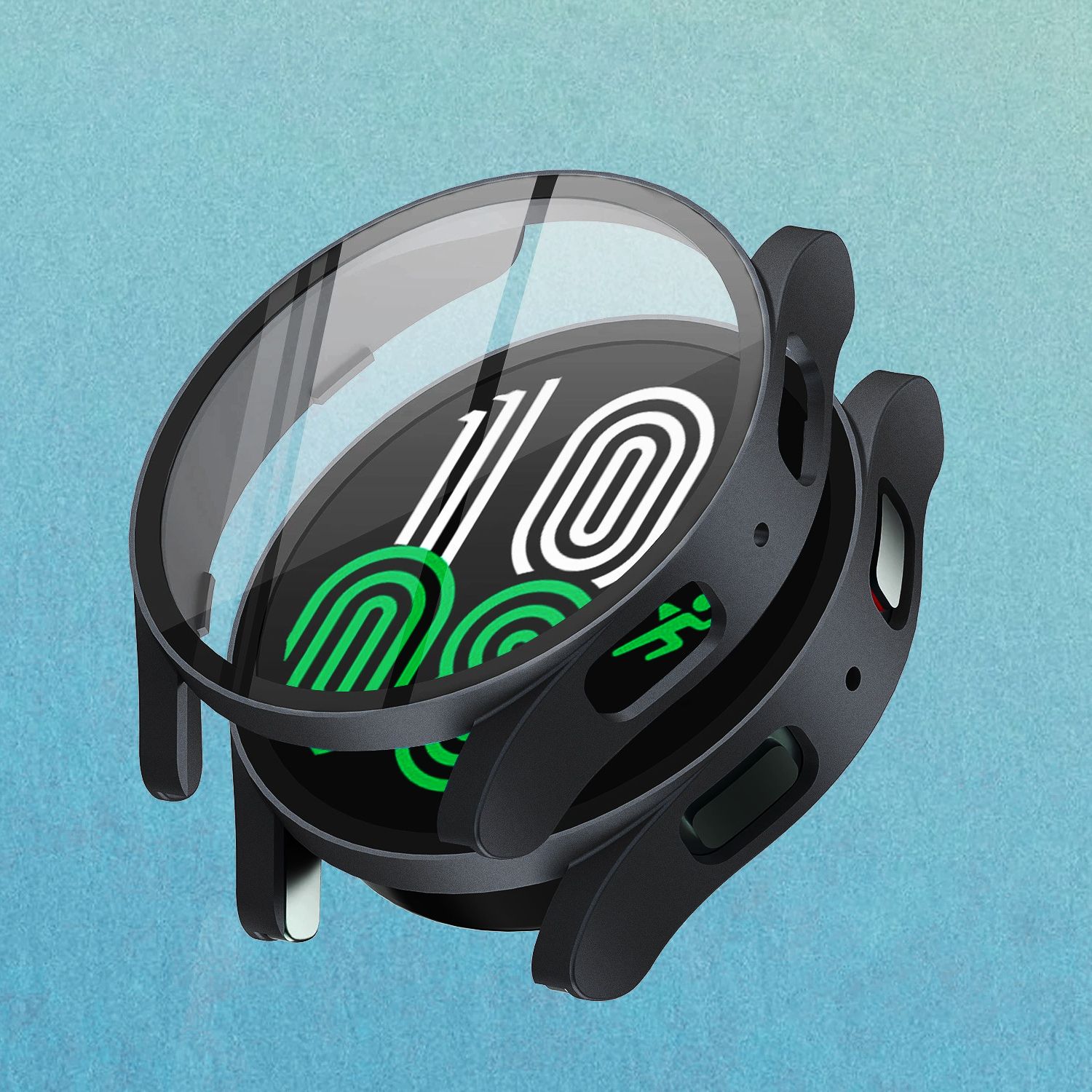 Une montre connectée avec un couvercle de protection. Elle affiche l'écran avec l'heure et les indicateurs de santé.