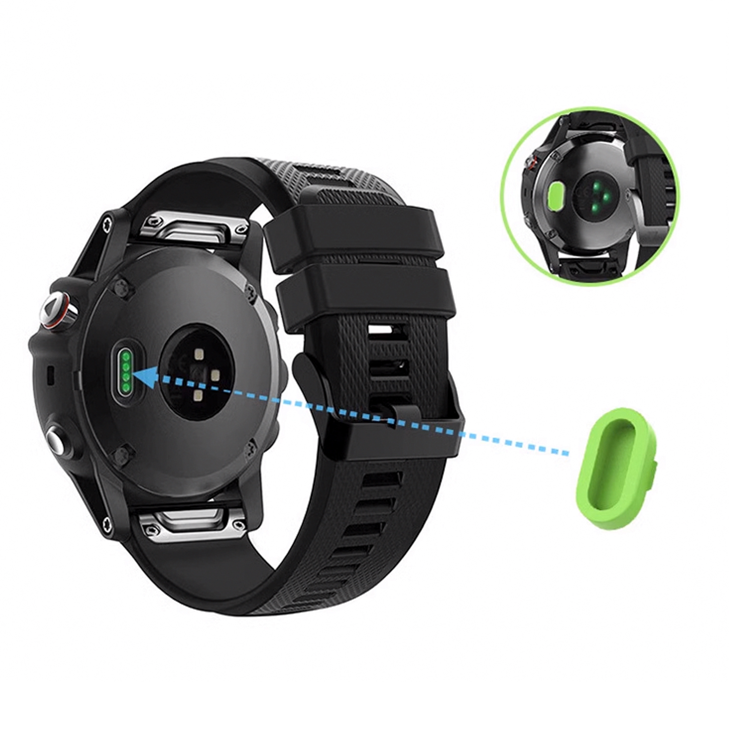 Czarny zegarek Garmin z czarnym paskiem. Zielona osłona czujnika jest odłączona.