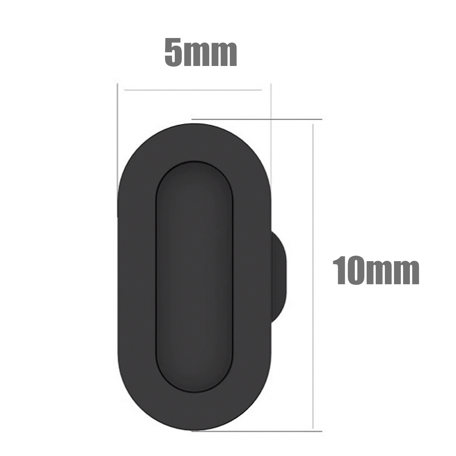 Czarny przycisk telefonu w kształcie owalu z wymiarami, 5mm x 10mm.