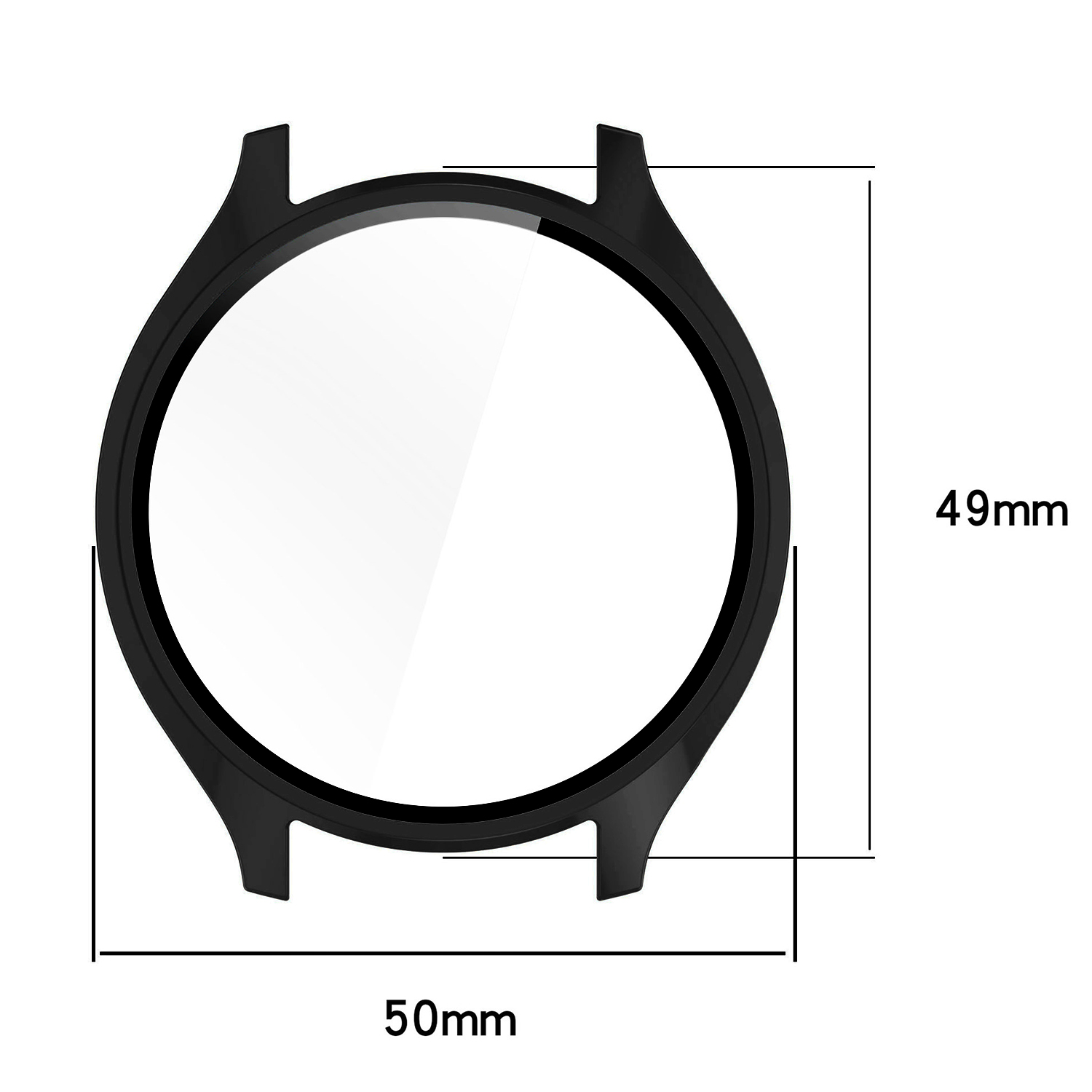 Funda protectora negra para smartwatch con dimensiones, 49mm x 50mm.