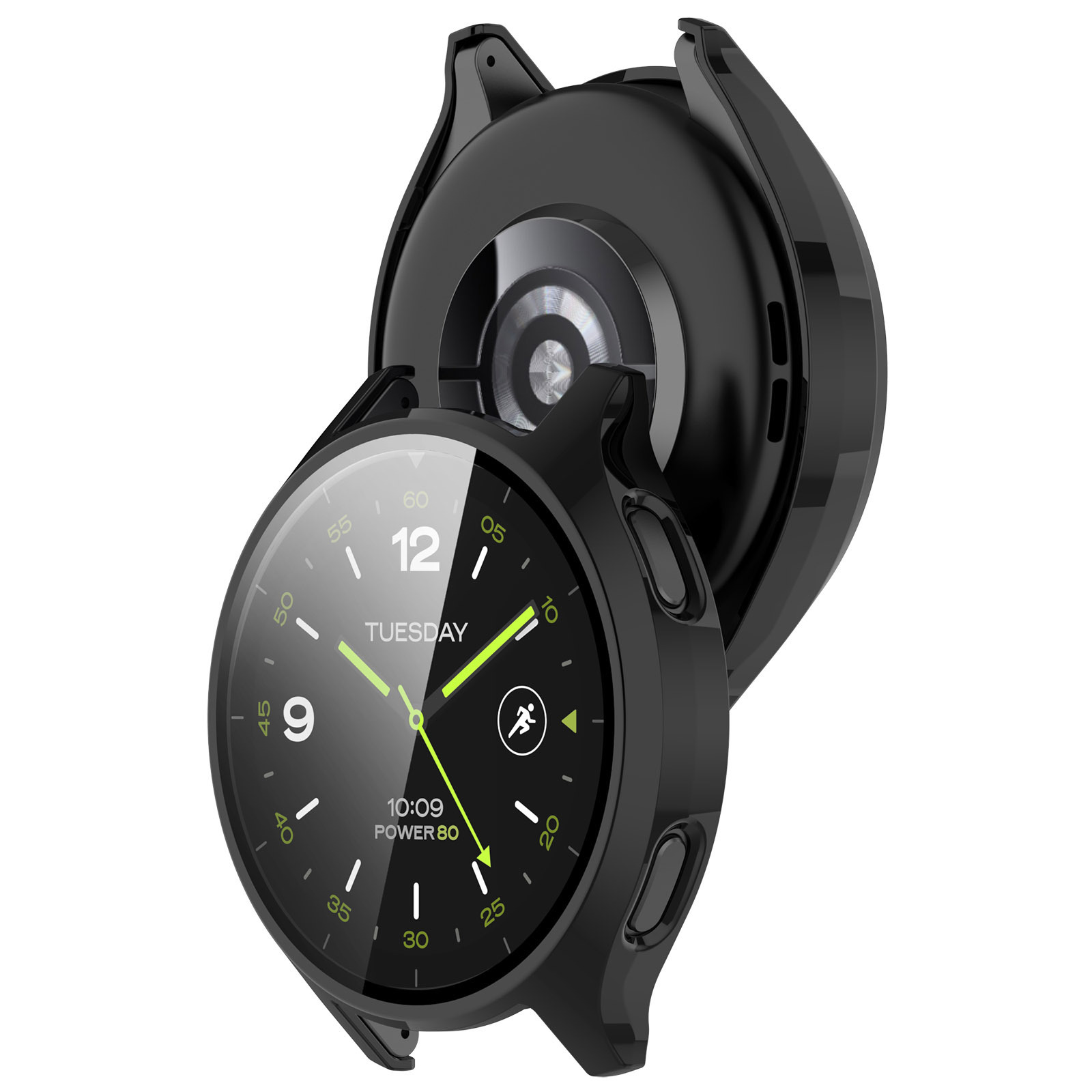 Funda de reloj inteligente negra con pantalla que muestra la hora y la fecha. El reloj muestra las 10:09 y el martes.
