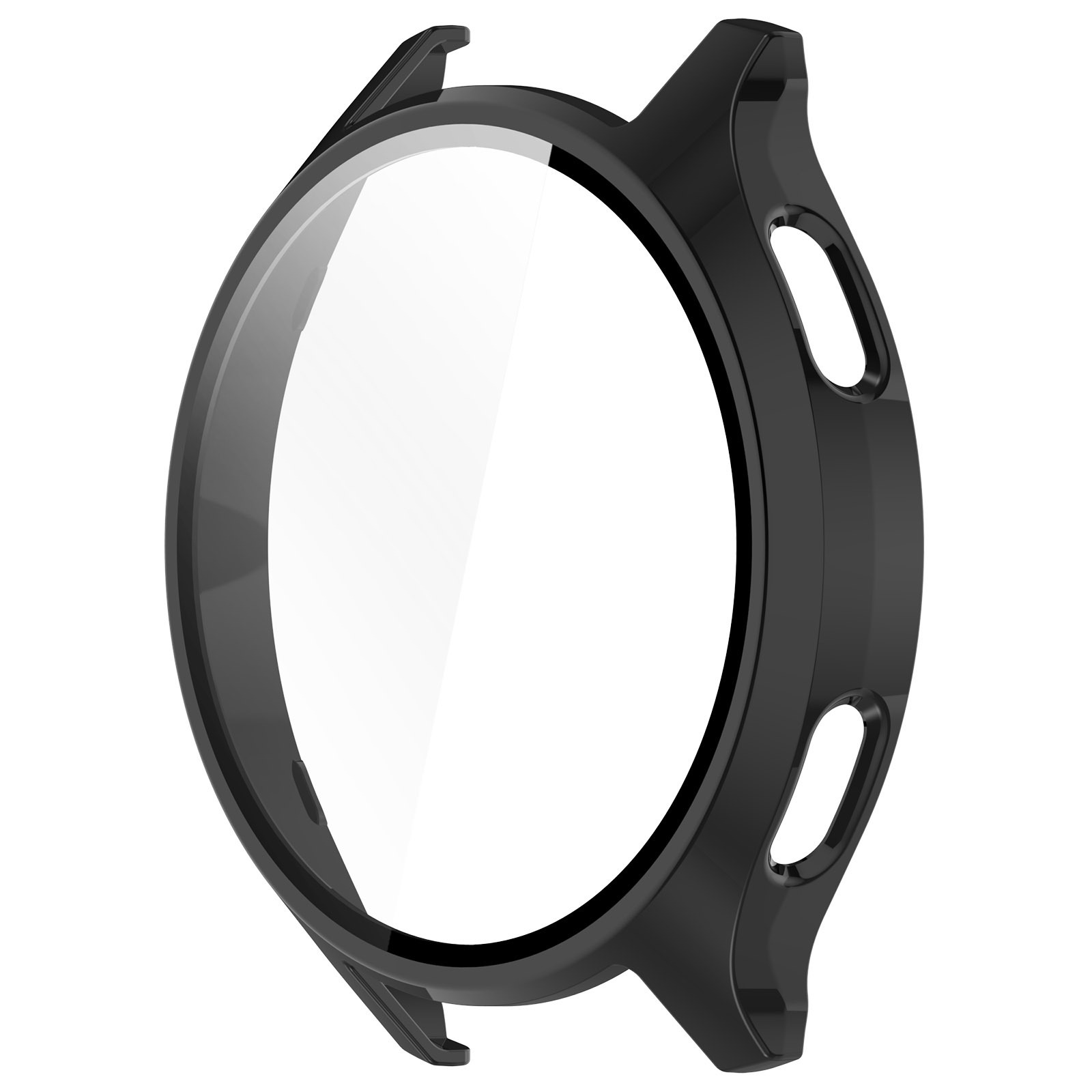 Funda negra para smartwatch. La funda es redonda con un protector de pantalla transparente.
