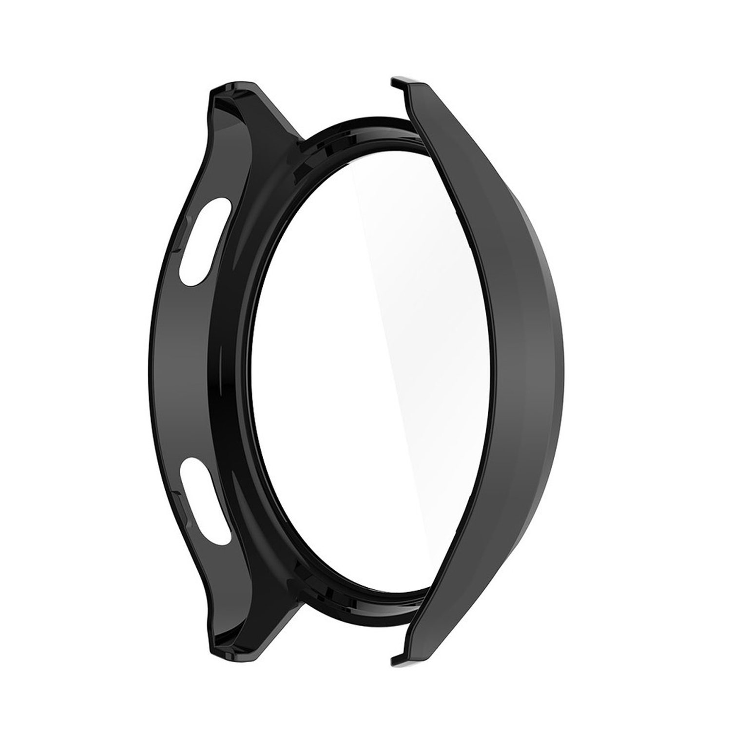 Funda negra para smartwatch con protector de pantalla transparente. La funda está abierta.