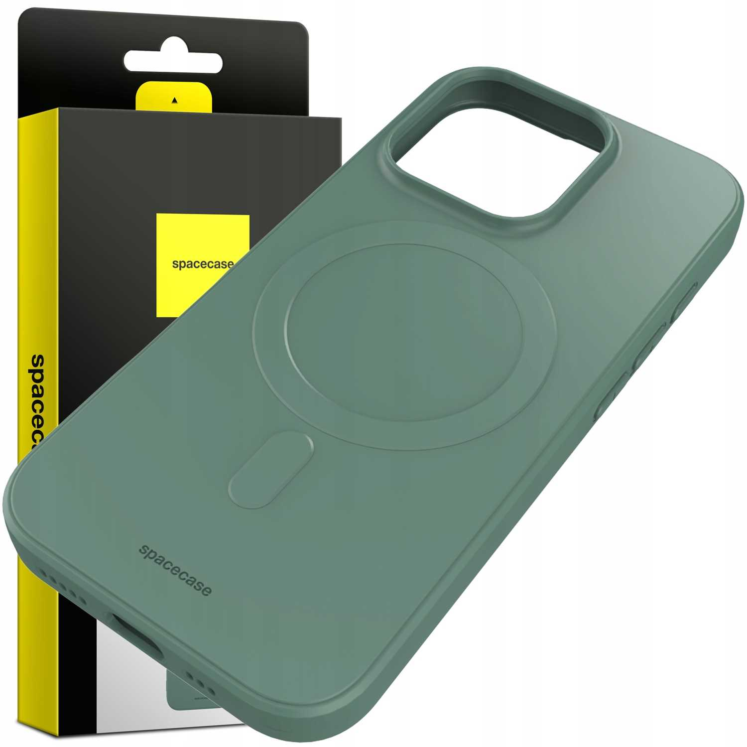 Zielone etui na telefon i pudełko z logo. Etui jest pod kątem. Pudełko pokazuje markę.