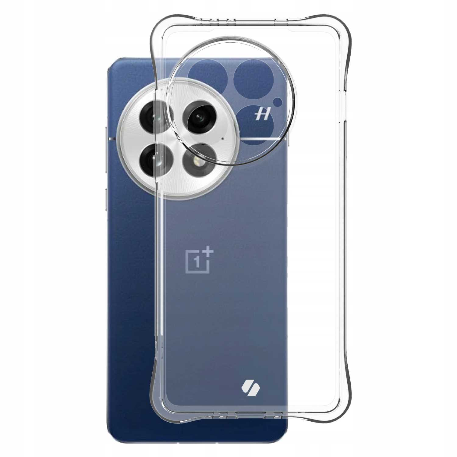 Przezroczyste etui na niebieskim telefonie. Telefon ma okrągły układ kamer.