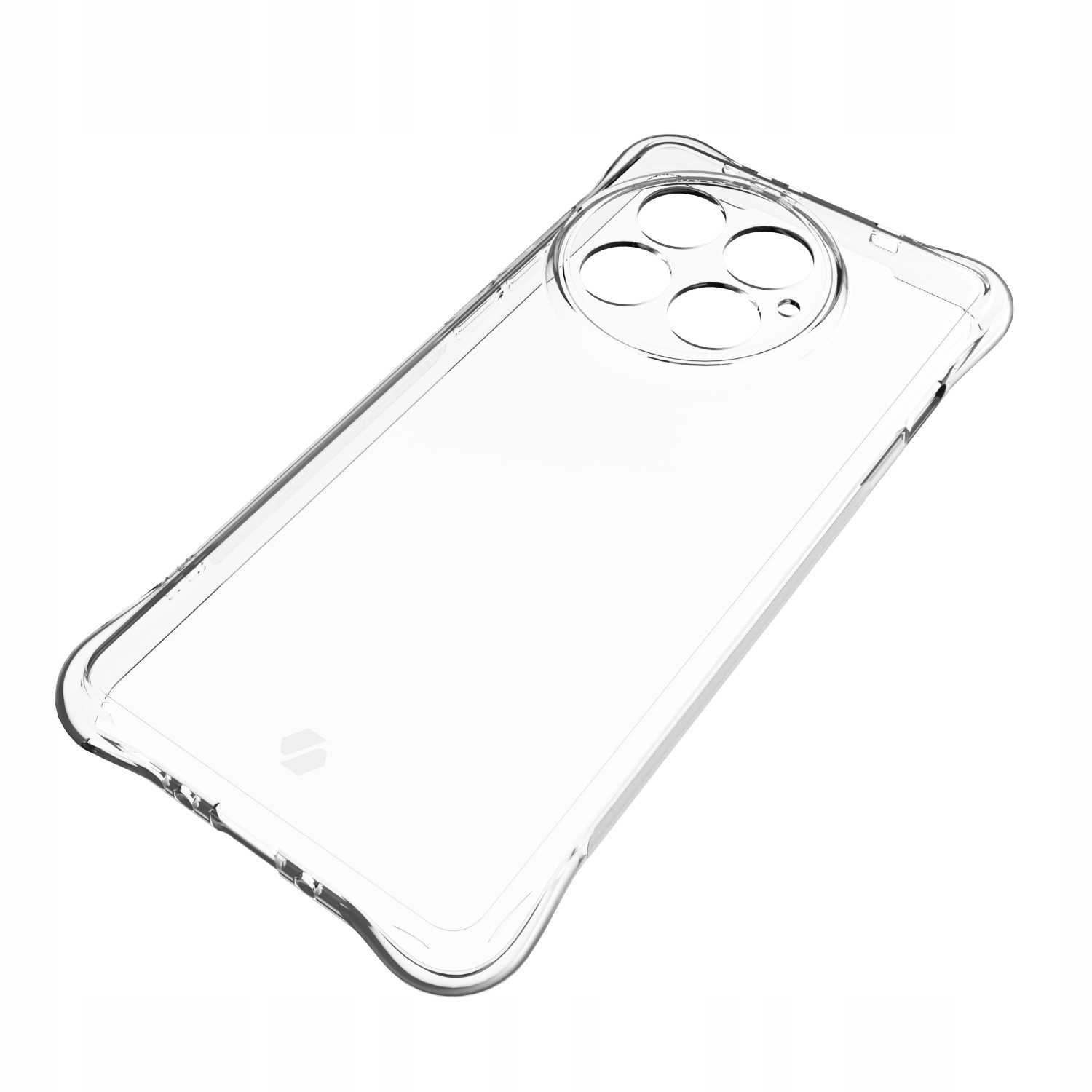 Przezroczyste etui pod kątem. Etui ma okrągłe wycięcie na aparat.