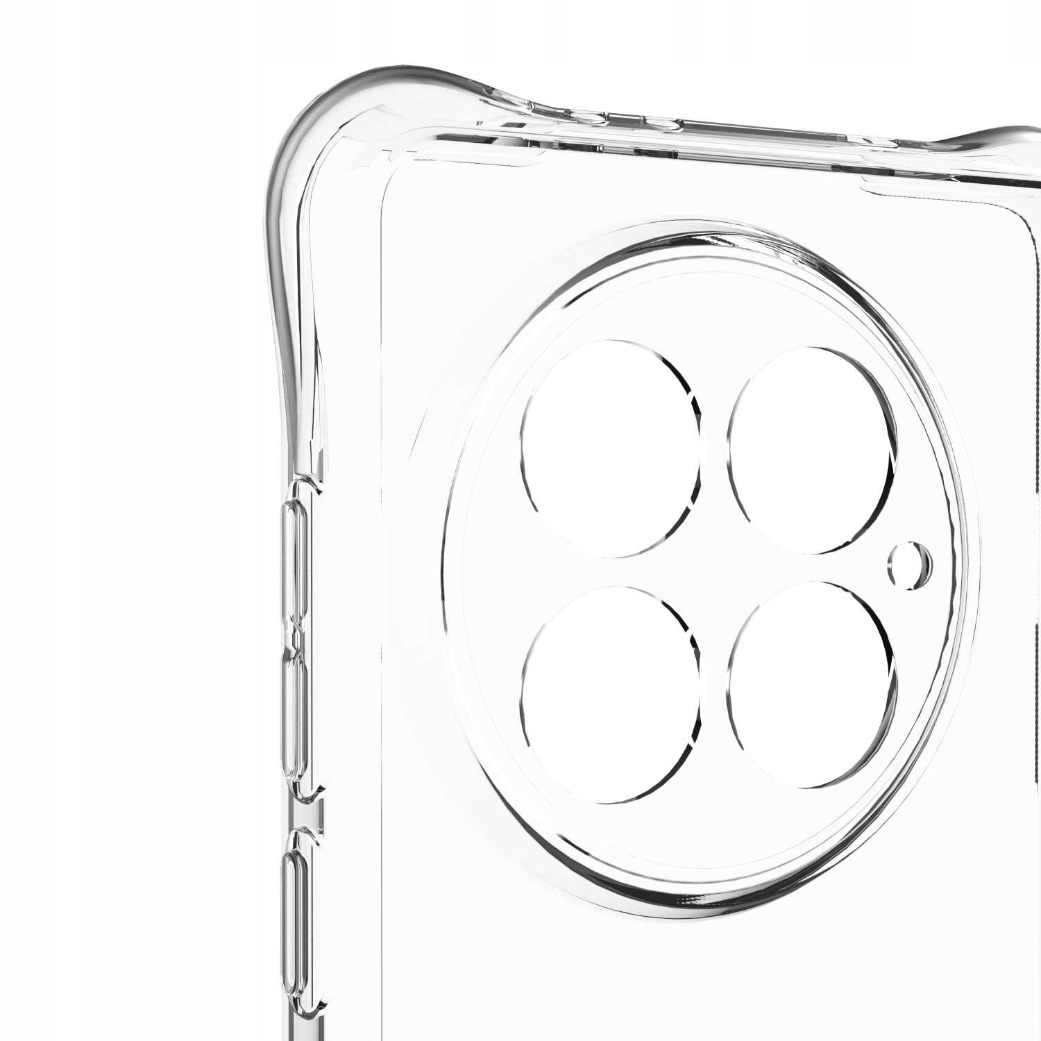 Zbliżenie przezroczystego etui na telefon. Widoczny okrągły otwór na aparat.