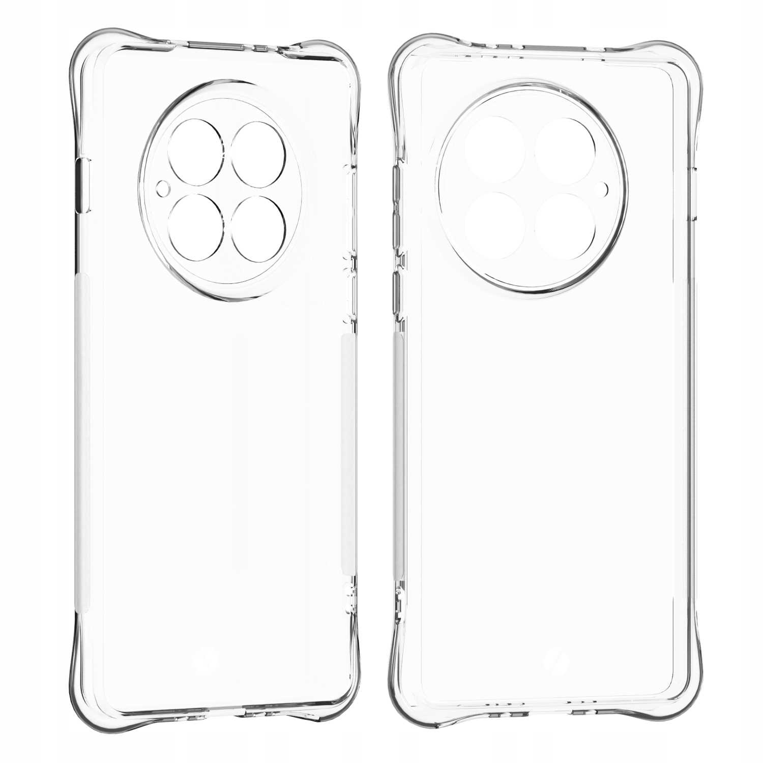 Dwa przezroczyste etui obok siebie. Etui mają okrągłe wycięcia na aparaty.