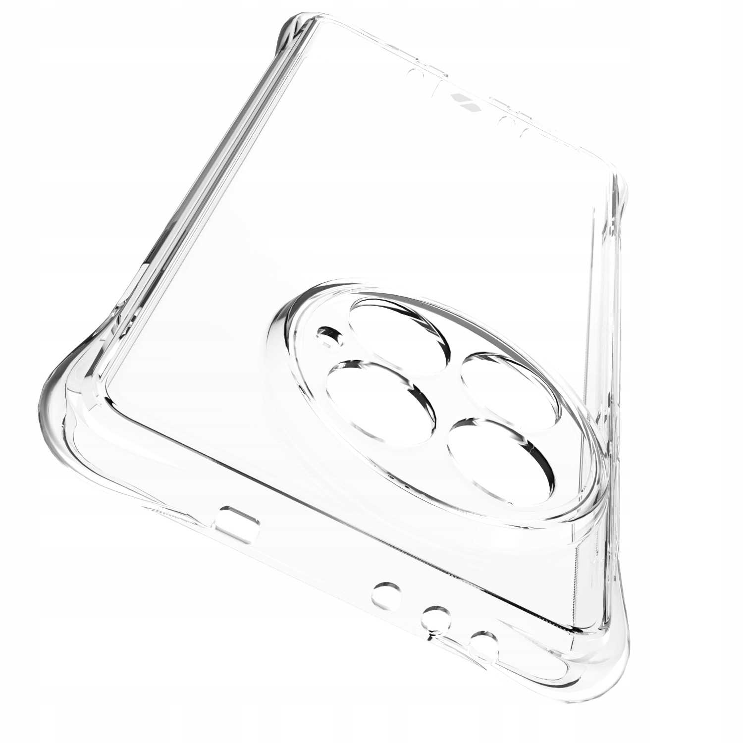 Przezroczyste etui pod kątem. Etui ma okrągły otwór na aparat. Na dole też otwory.