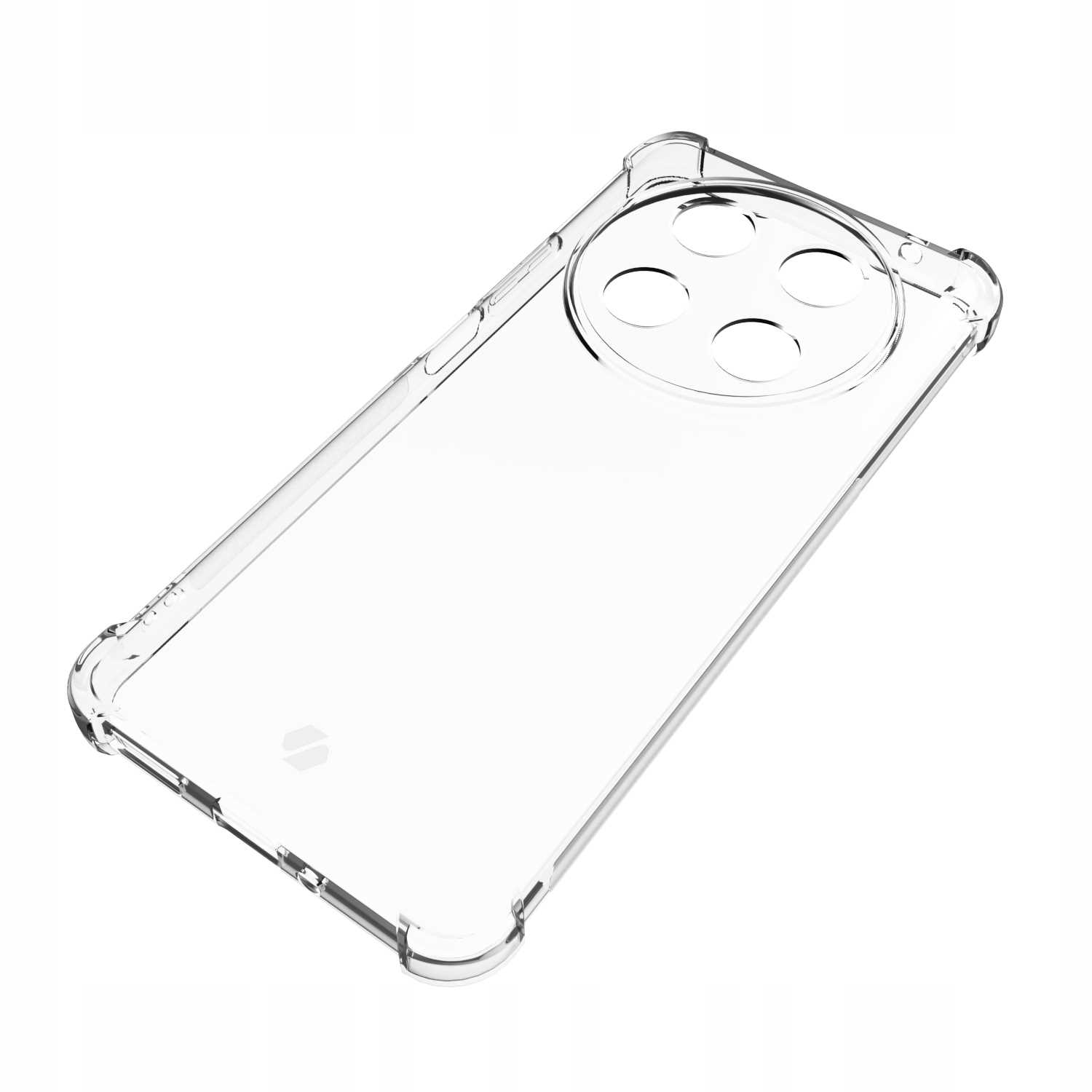 Przezroczyste etui na telefon, pod kątem, z wieloma wycięciami na aparat.