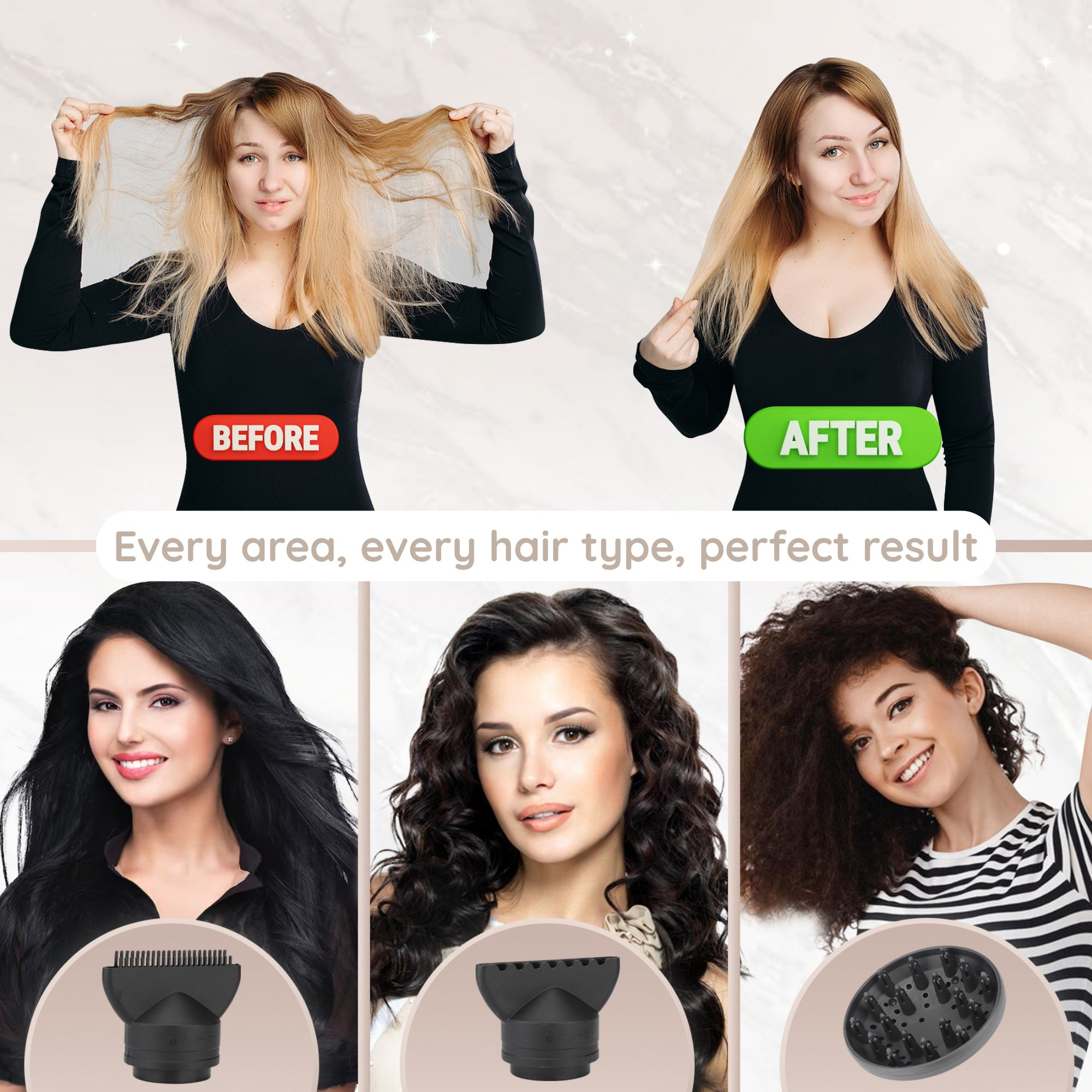Afbeelding toont voor- en na-voorbeelden van haarstyling met verschillende haartypes met behulp van een haardroger en opzetstukken.