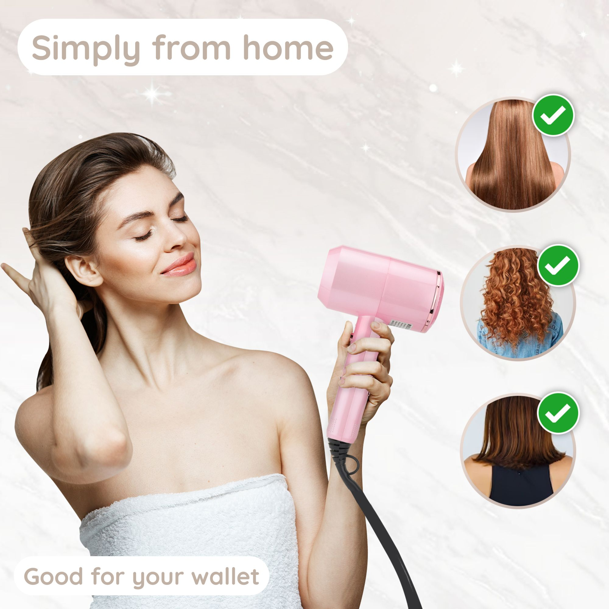 Afbeelding toont een vrouw die een roze haardroger gebruikt, met voorbeelden van verschillende kapsels. Tekst zegt: Goed voor je portemonnee.