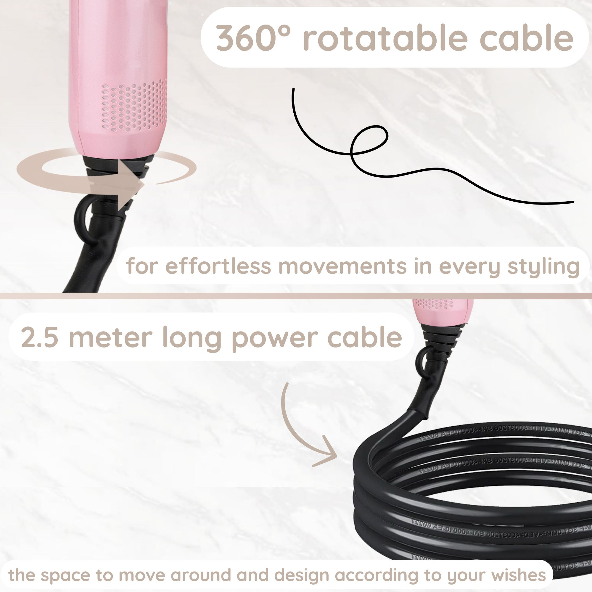 Afbeelding toont een roze haardroger met een draaibare kabel en een 2,5 meter lange voedingskabel, met tekst.