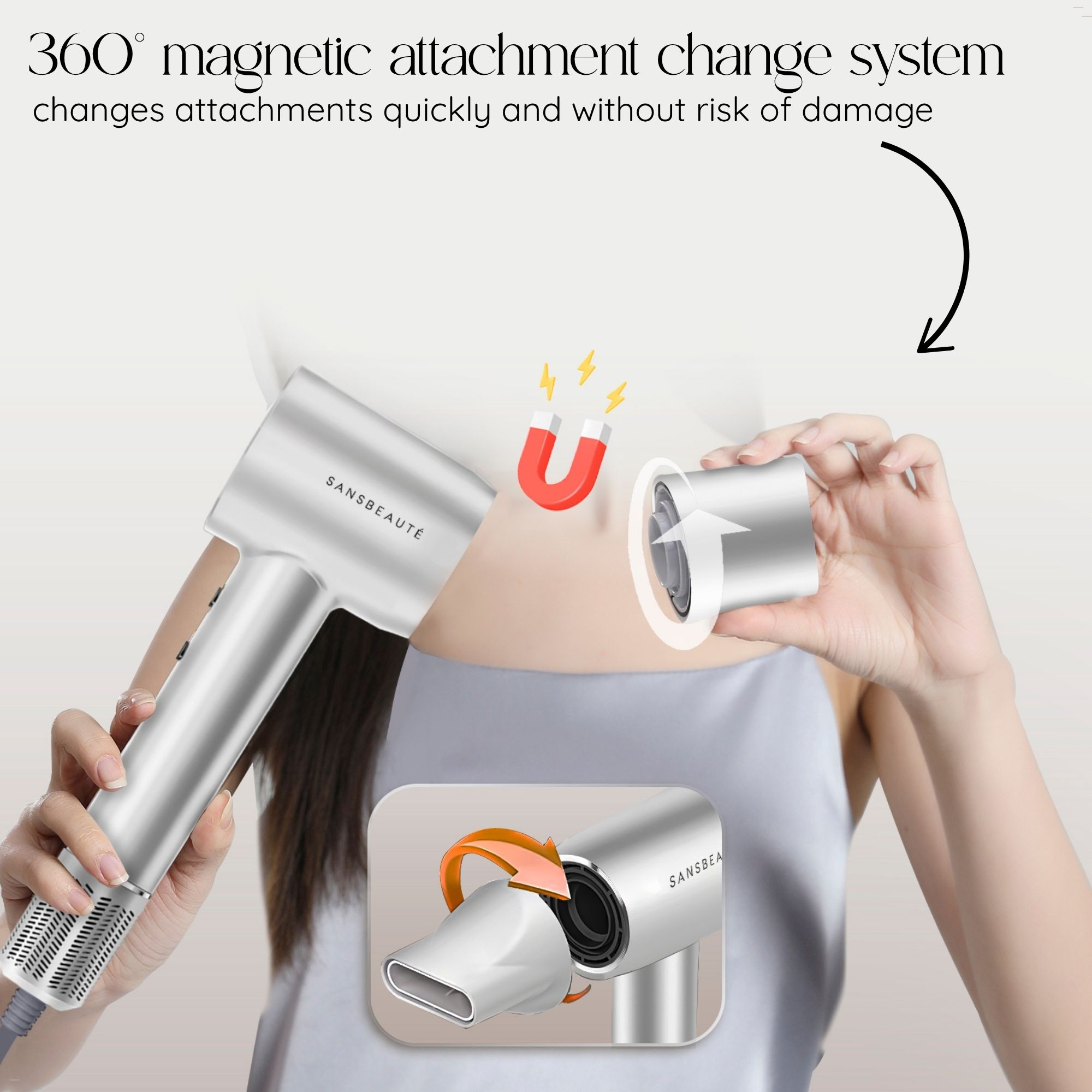 Afbeelding toont een haardroger met een magnetisch bevestigingssysteem. Een hand houdt de opzetstuk vast. Pijlen tonen het proces.