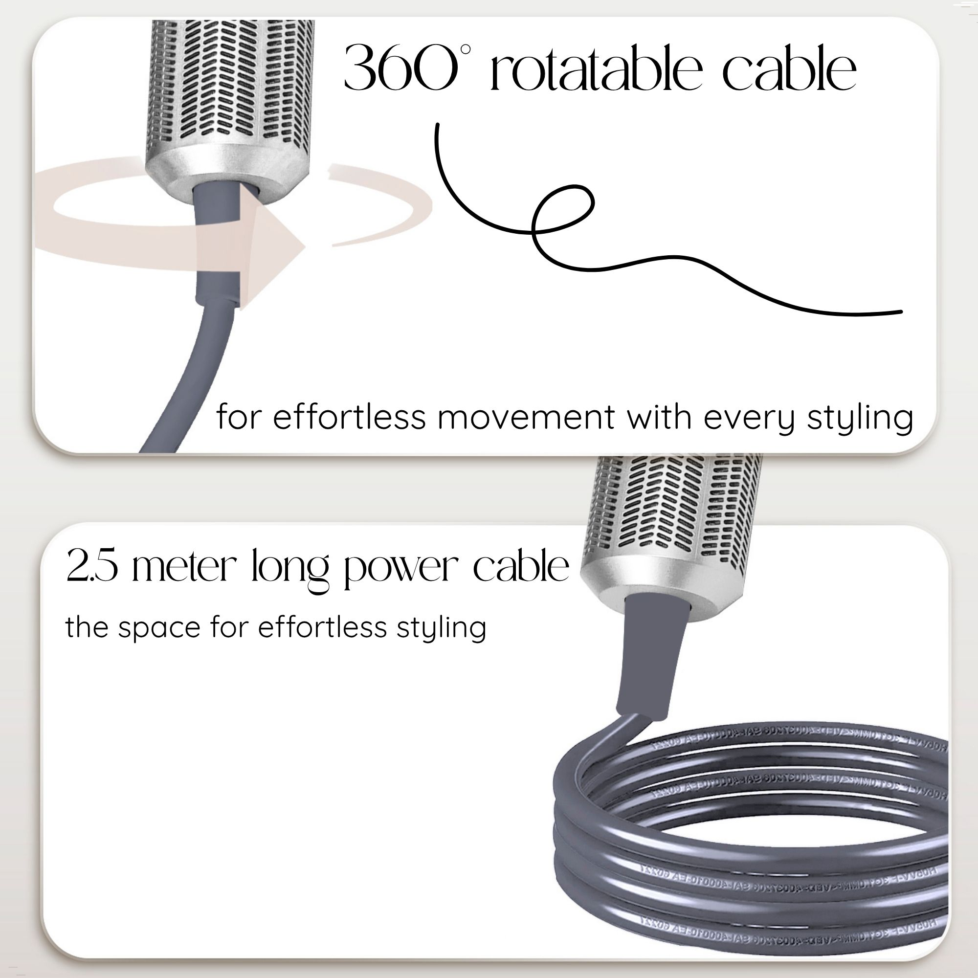 De afbeelding toont een 360° draaibare kabel en een 2,5 meter lange stroomkabel met beschrijvende tekst.
