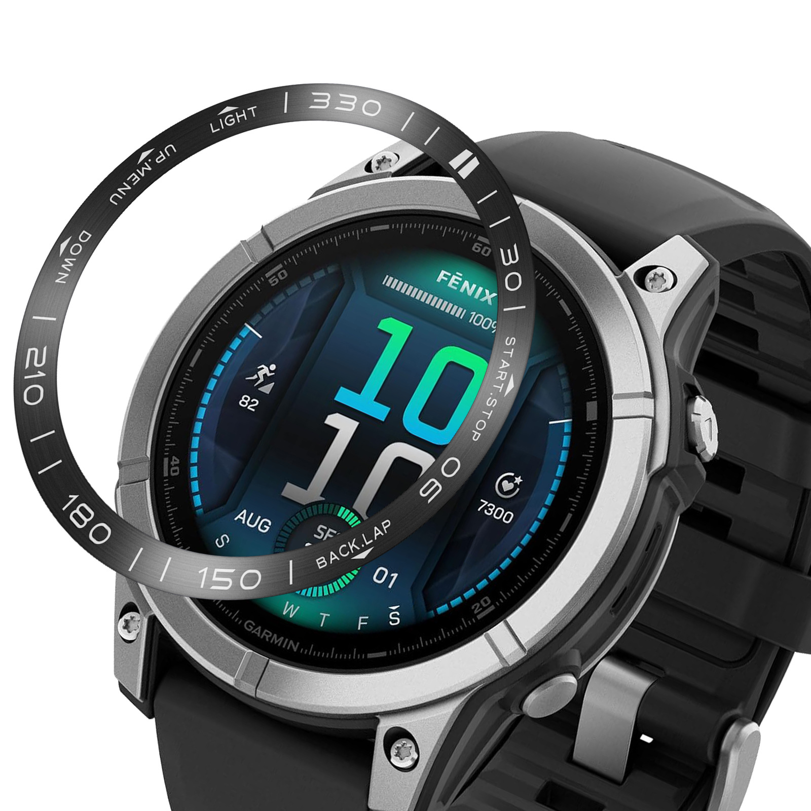 Une montre intelligente avec un bracelet noir et une lunette argentée affiche une interface numérique avec des mesures de santé.