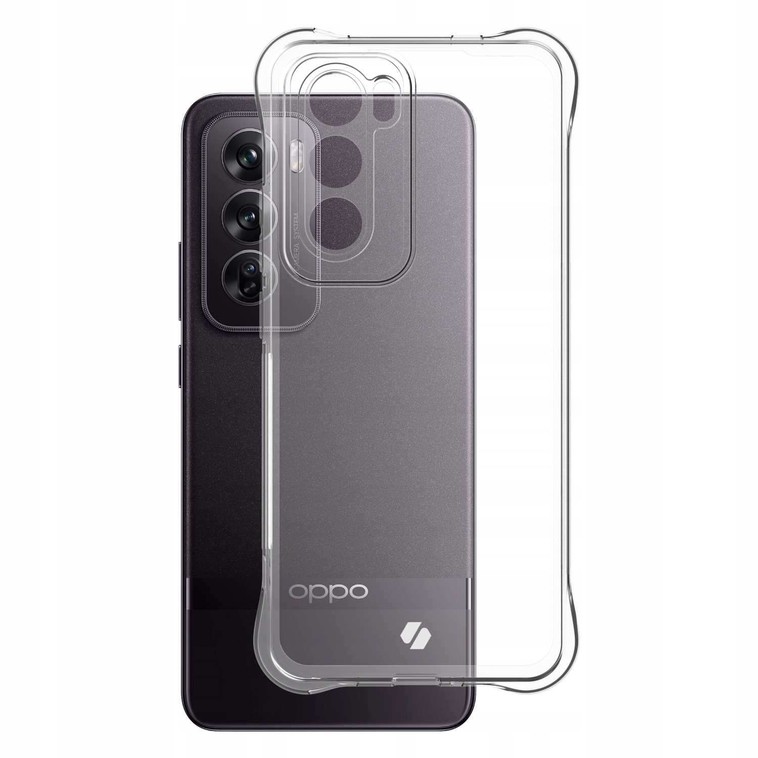 Przezroczyste etui na telefon na smartfonie, podkreślające design telefonu i aparat z widocznymi funkcjami ochronnymi.