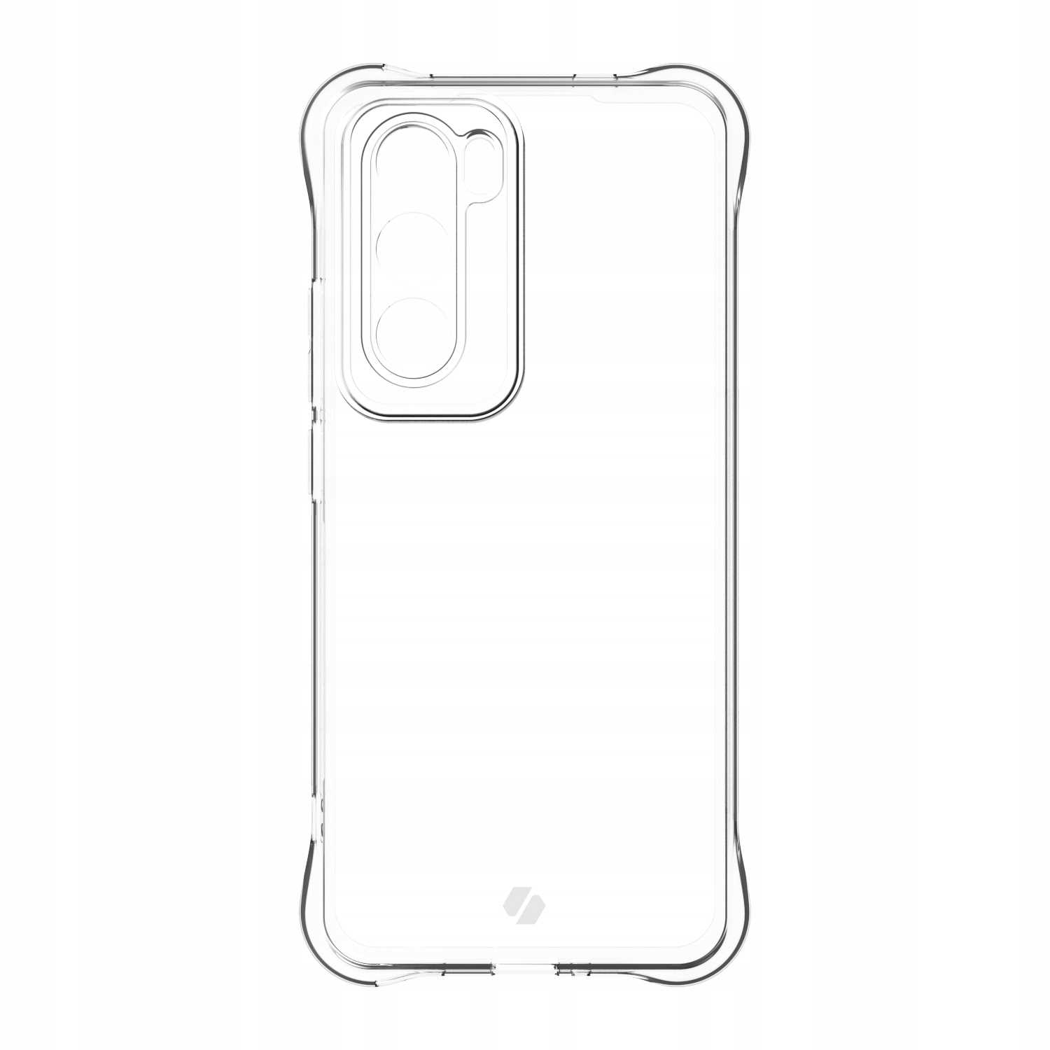Przezroczyste etui na telefon zaprojektowane ze wzmocnionymi rogami, pokazuje precyzyjne wycięcia w obszarze aparatu.