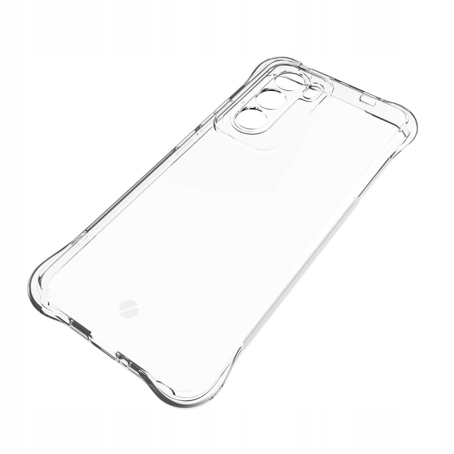 Przezroczyste etui na telefon, ustawione pod kątem, aby pokazać jego przezroczystość i cechy konstrukcyjne, jest umieszczone na białym tle.