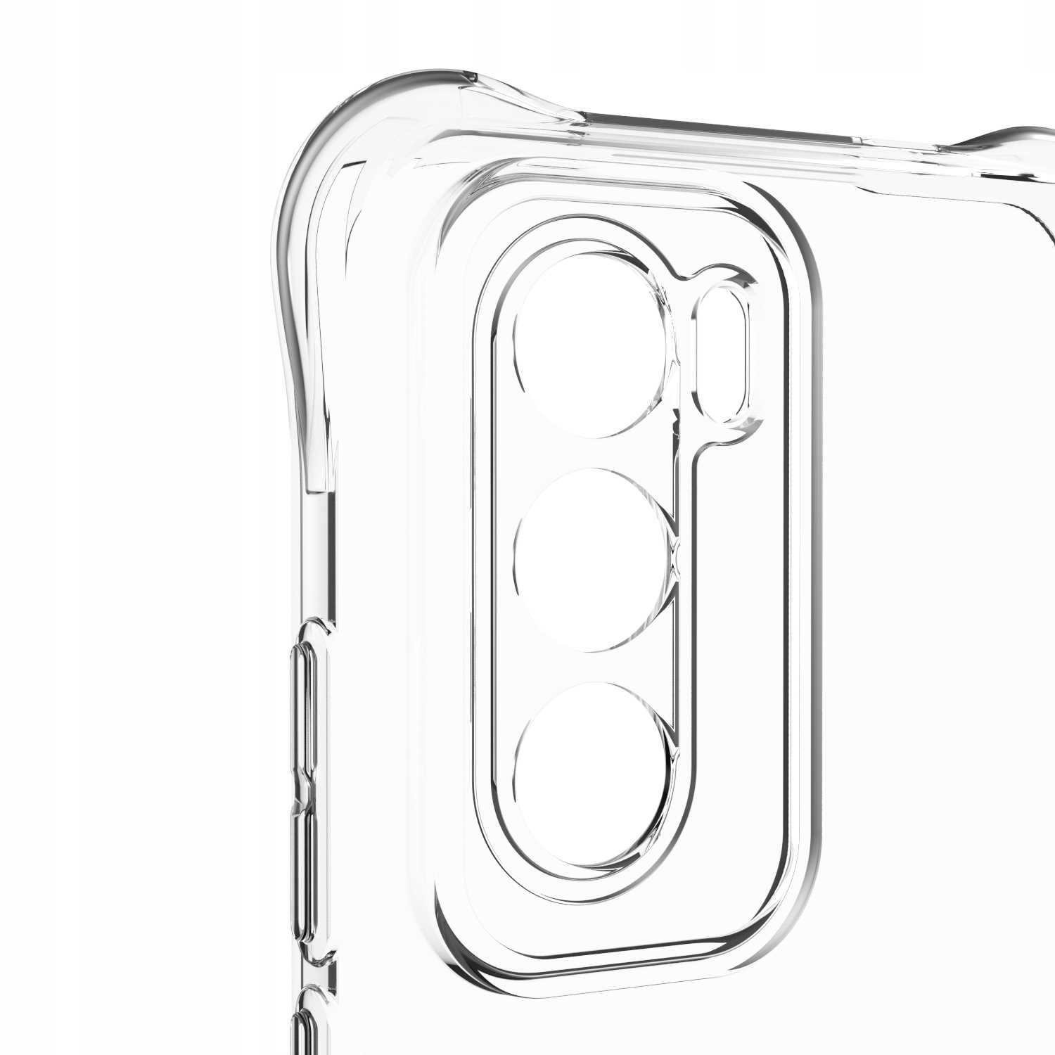 Zbliżenie rogu przezroczystego etui na telefon, prezentujące wycięcie na aparat i przezroczystą konstrukcję.