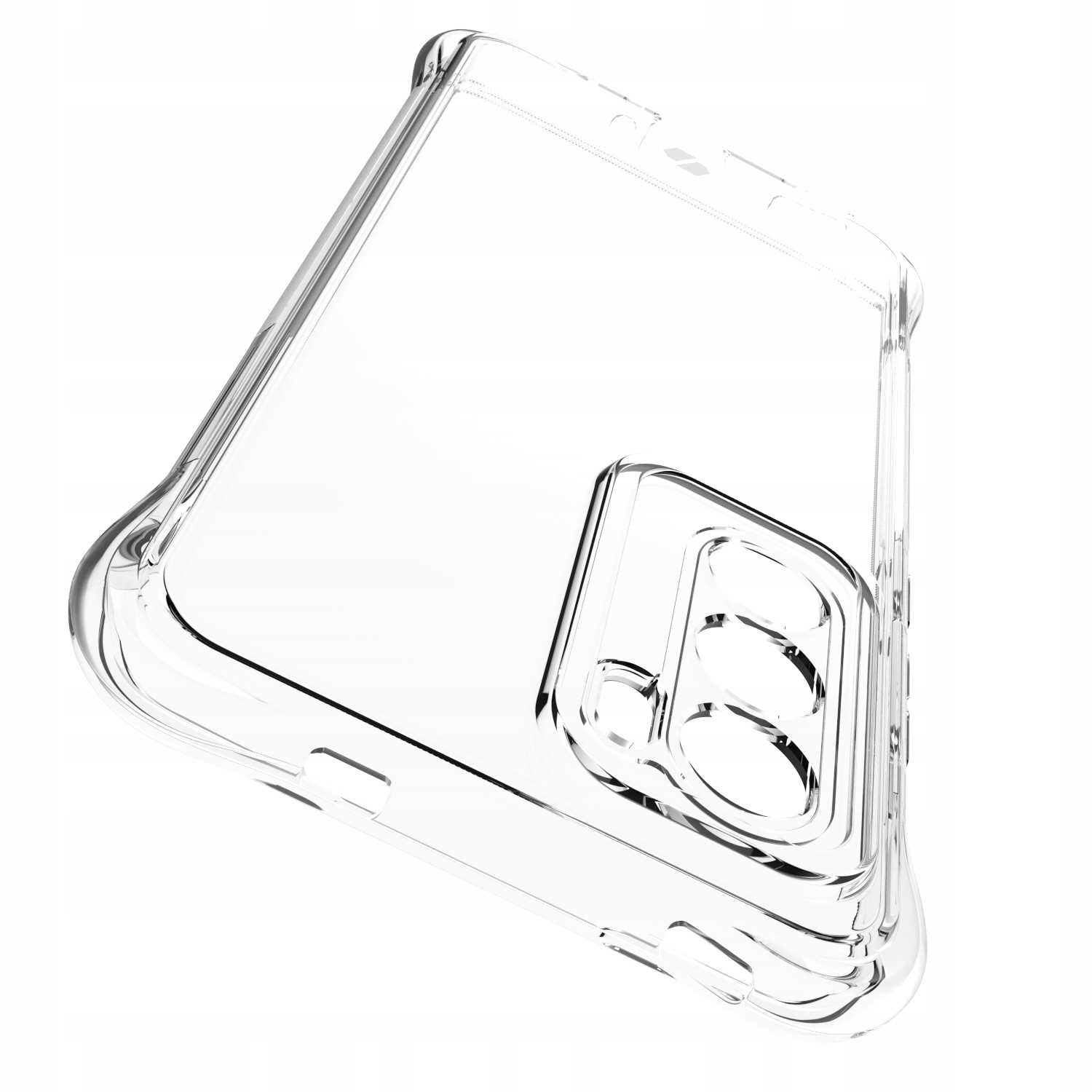 Przezroczyste etui na telefon pokazuje wycięcia na obiektyw aparatu i zaokrąglone krawędzie, zapewniając ochronę bez zasłaniania konstrukcji urządzenia.
