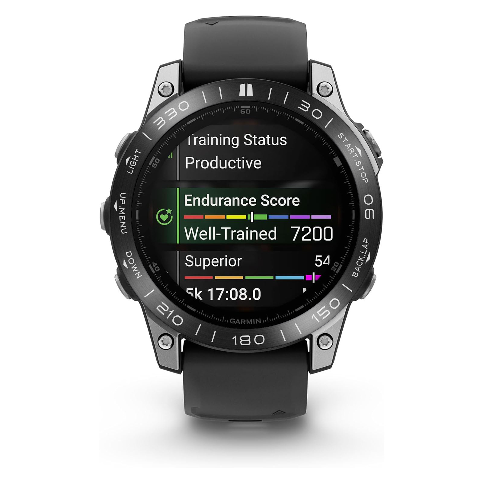 Une montre intelligente avec un bracelet noir affiche un écran indiquant l'état de l'entraînement et les scores d'endurance sur un fond blanc.