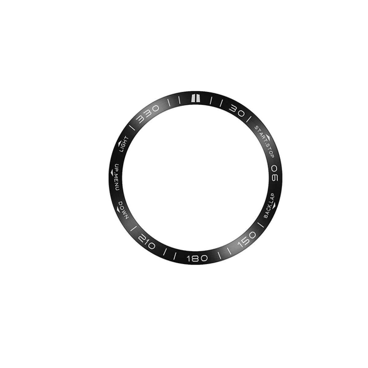 Un anneau noir avec des marques blanches autour, placé sur un fond blanc uni, probablement une lunette de montre.