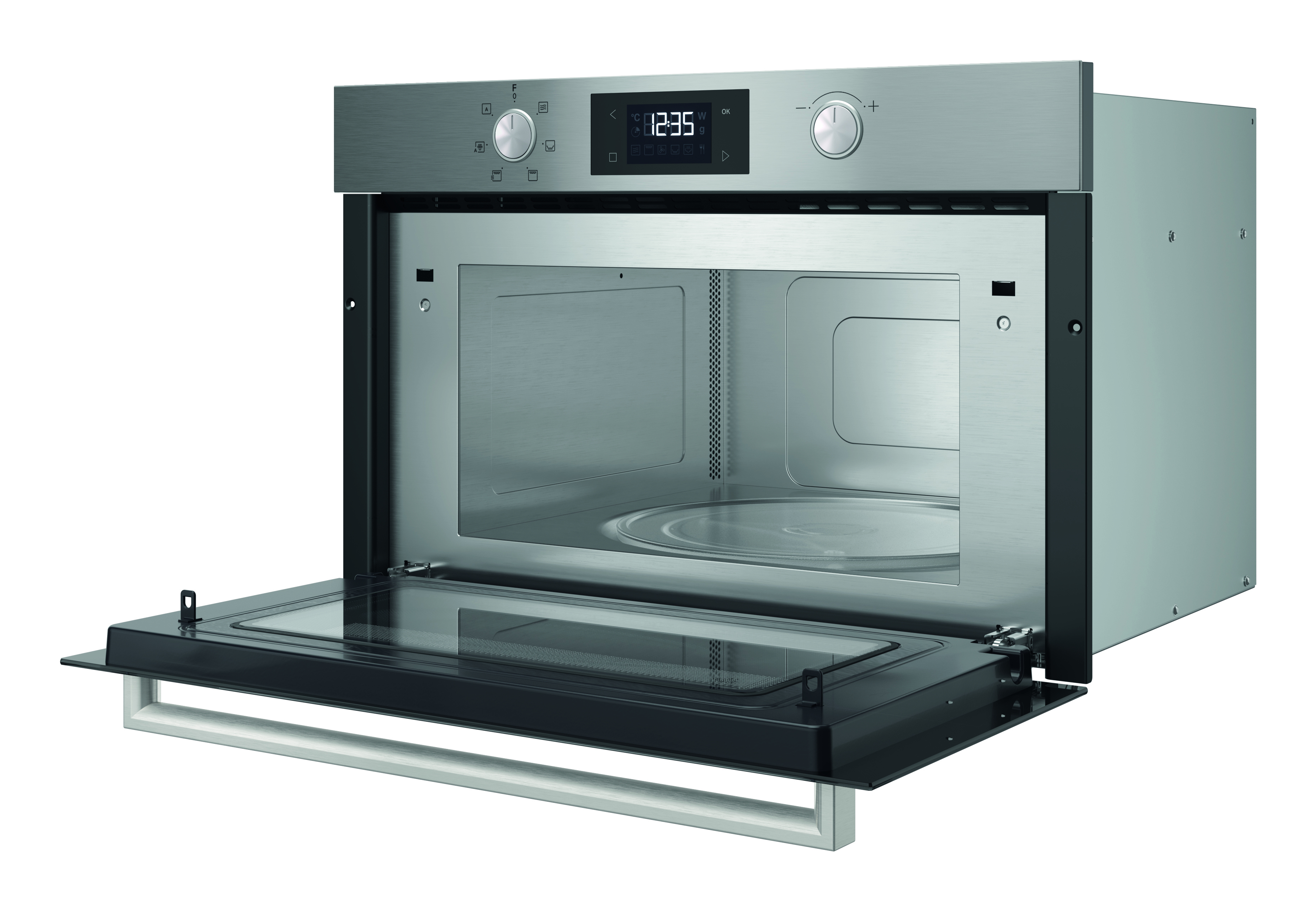 Un forno a microonde a incasso aperto con porta in vetro, che mostra l'interno e il pannello di controllo.