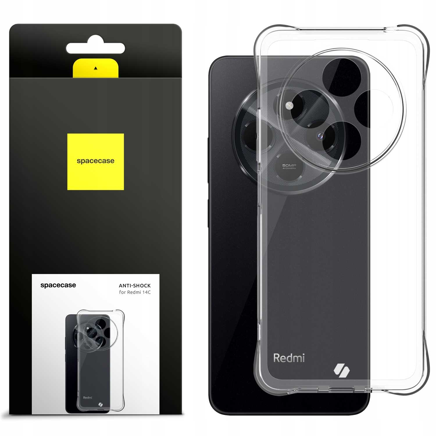 Etui na telefon i telefon na białym tle. Etui jest przezroczyste, a telefon czarny.