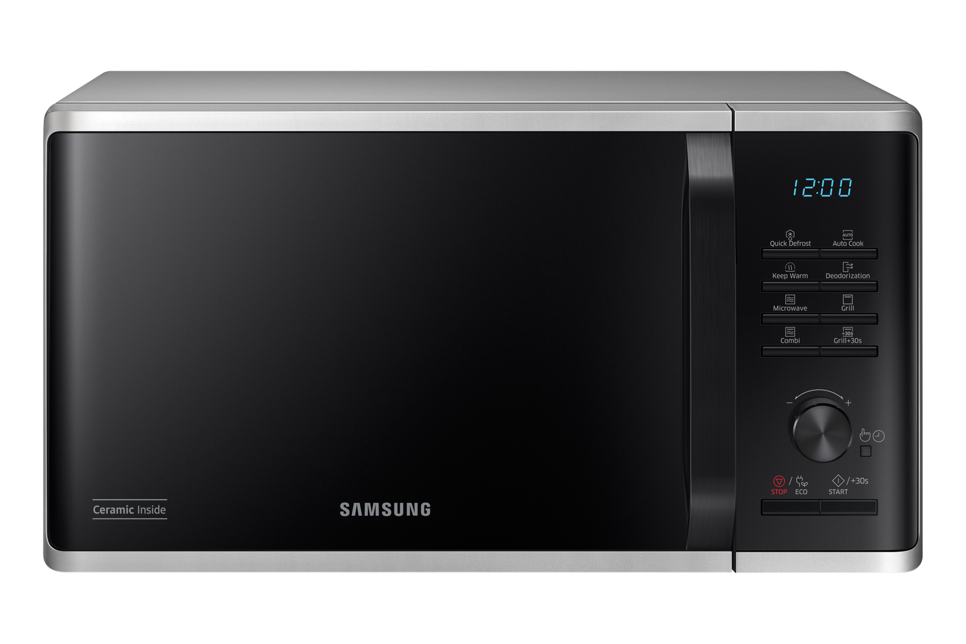 Czarno-srebrna kuchenka mikrofalowa Samsung z wyświetlaczem 12:00 i panelem sterowania.