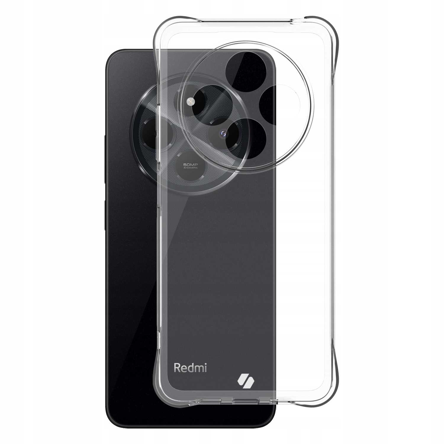 Etui na telefon i telefon na białym tle. Telefon jest czarny, a etui przezroczyste.