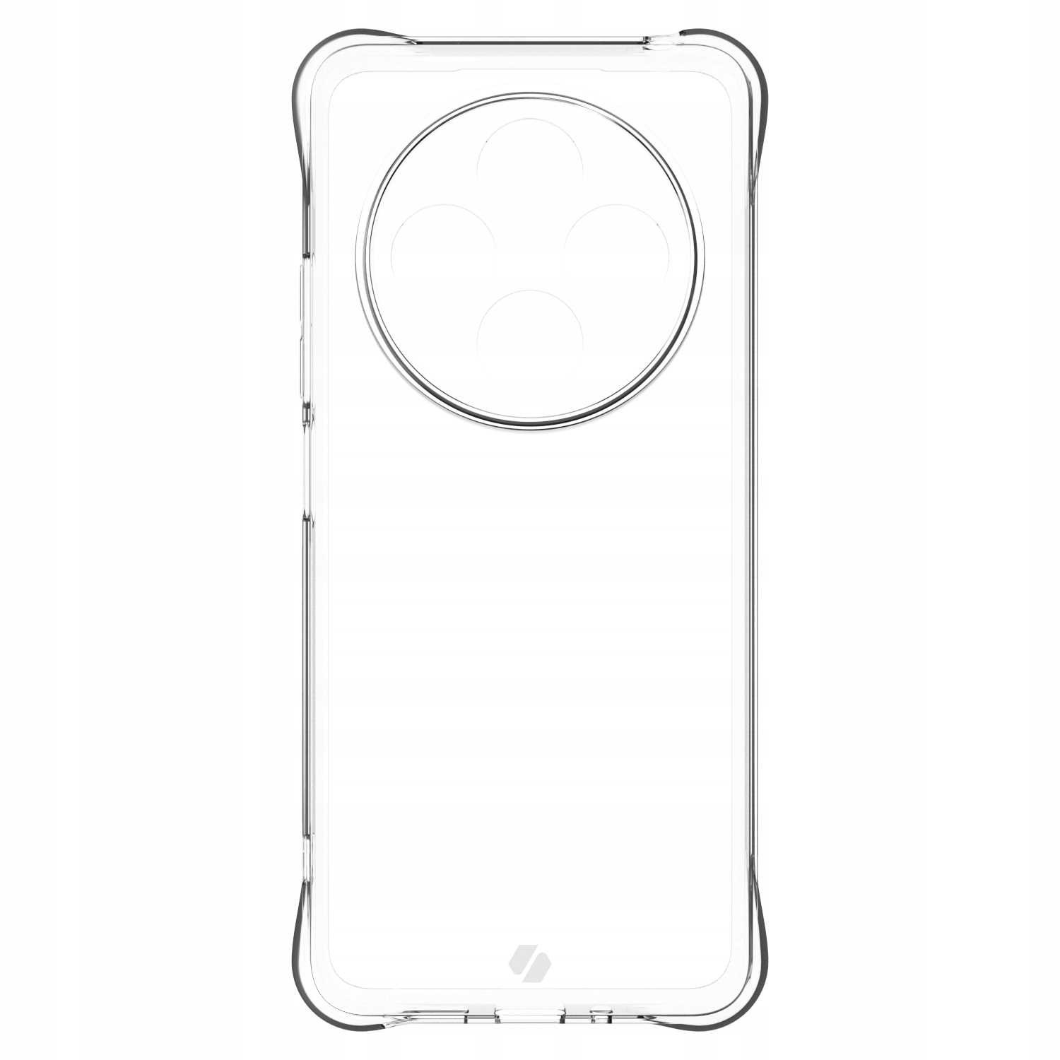 Przezroczyste etui na telefon, pod kątem. Etui ma wycięcie na aparat i przezroczystą ramkę.