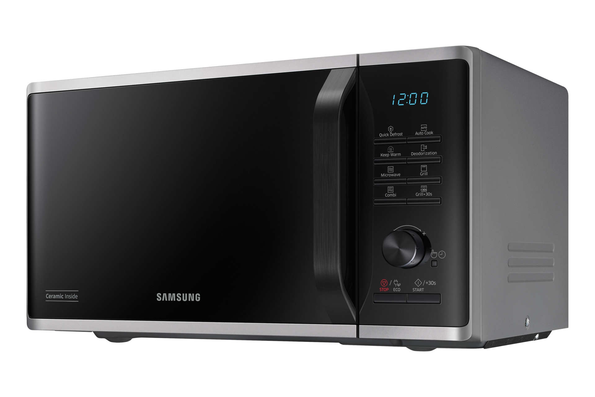 Kuchenka mikrofalowa. Jest czarna i srebrna. Drzwi są zamknięte. Czas to 12:00.