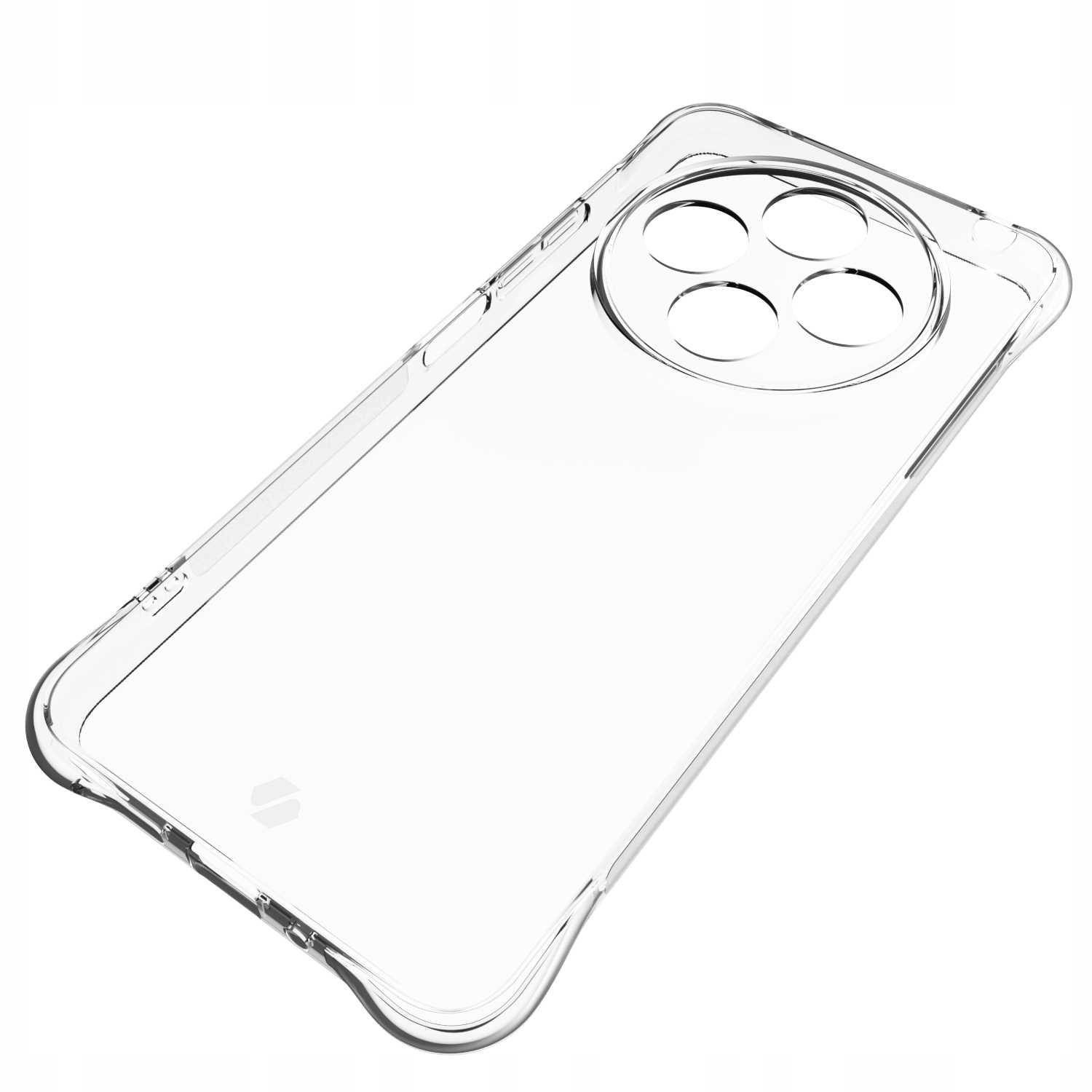 Przezroczyste etui na telefon, pod kątem. Etui ma wycięcie na aparat i przezroczystą ramkę.