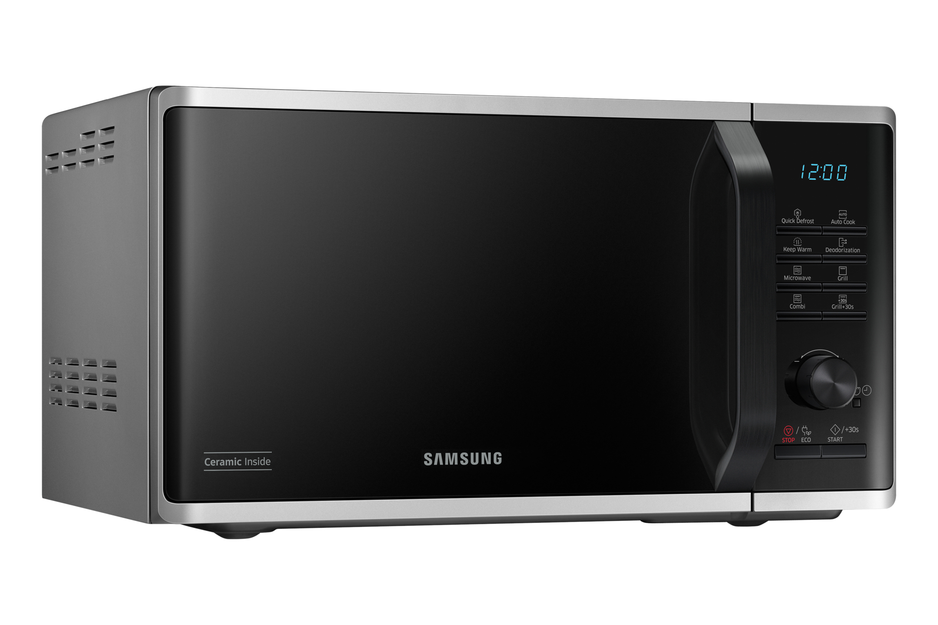 Kuchenka mikrofalowa. Jest czarna i srebrna. Drzwi są zamknięte. Czas to 12:00.