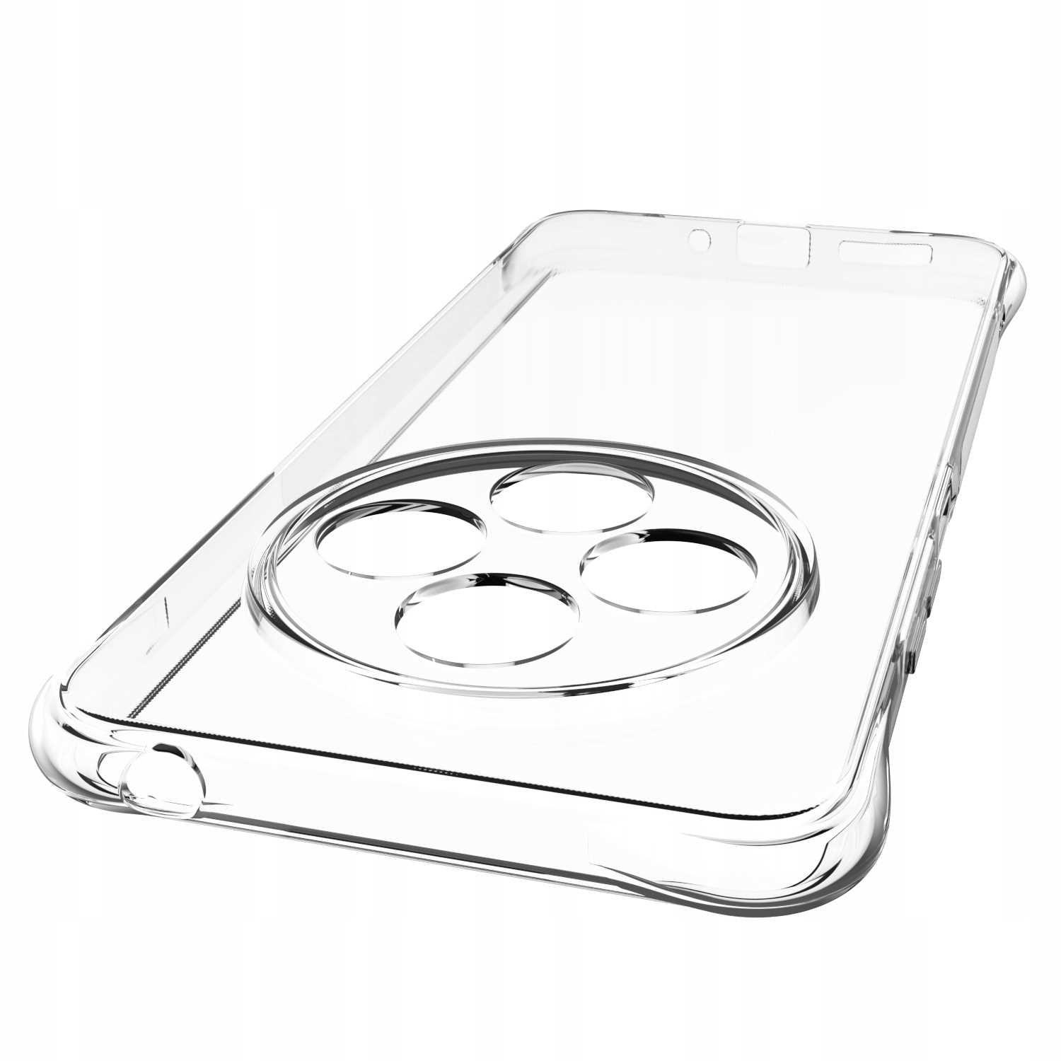 Przezroczyste etui na telefon, pod kątem. Etui ma wycięcie na aparat i przezroczystą ramkę.