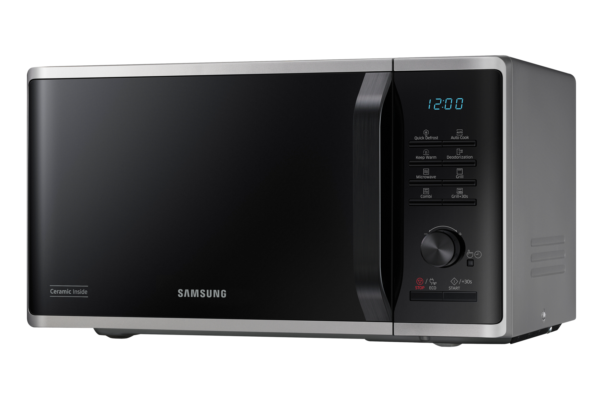 Kuchenka mikrofalowa Samsung. Drzwi zamknięte. Zegar cyfrowy pokazuje 12:00. Srebrno-czarny design.