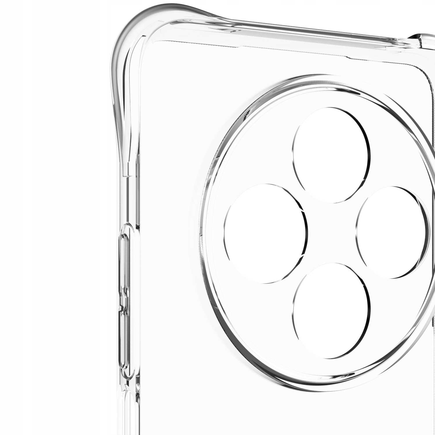 Zbliżenie przezroczystego etui na telefon. Pokazuje wycięcie na aparat i ochronną krawędź.