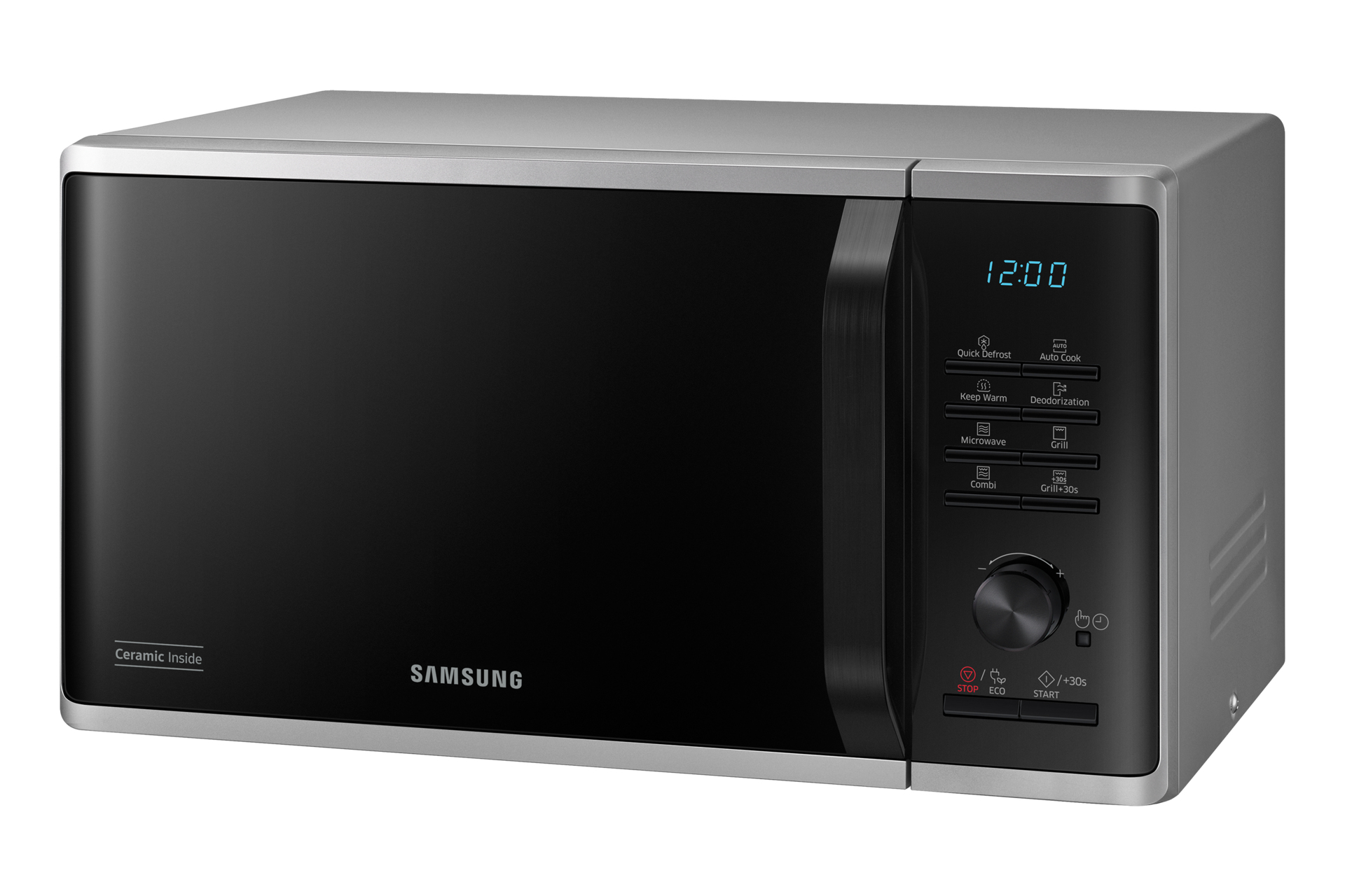 Kuchenka mikrofalowa. Jest czarna i srebrna. Drzwi są zamknięte. Czas to 12:00.