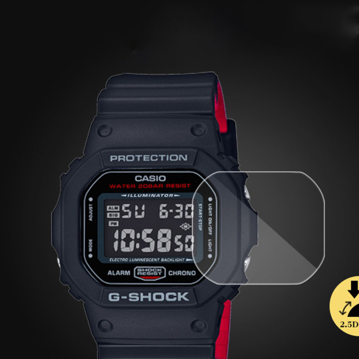 Un orologio G-Shock nero con schermo protettivo. Lo schermo ha numeri e lettere.