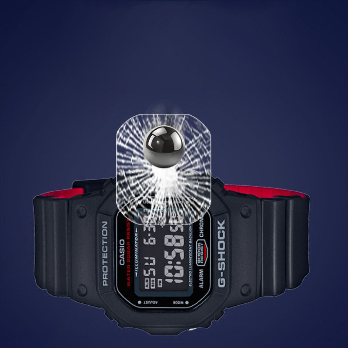 Orologio Casio G-Shock nero con schermo, sfera metallica e sfondo sfumato blu scuro.