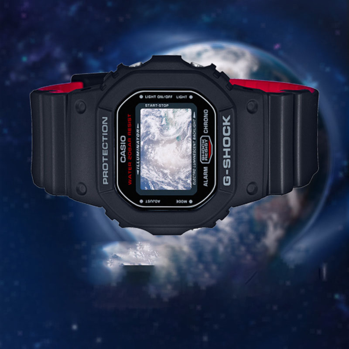 Un orologio G-Shock con display. L'orologio è su sfondo blu con una mappa del mondo.