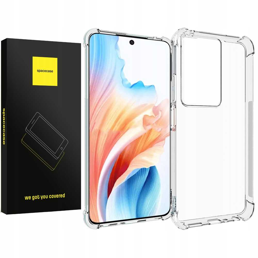 Ochraniacz na etui na telefon z pudełkiem. Etui jest przezroczyste, a telefon niebieski.