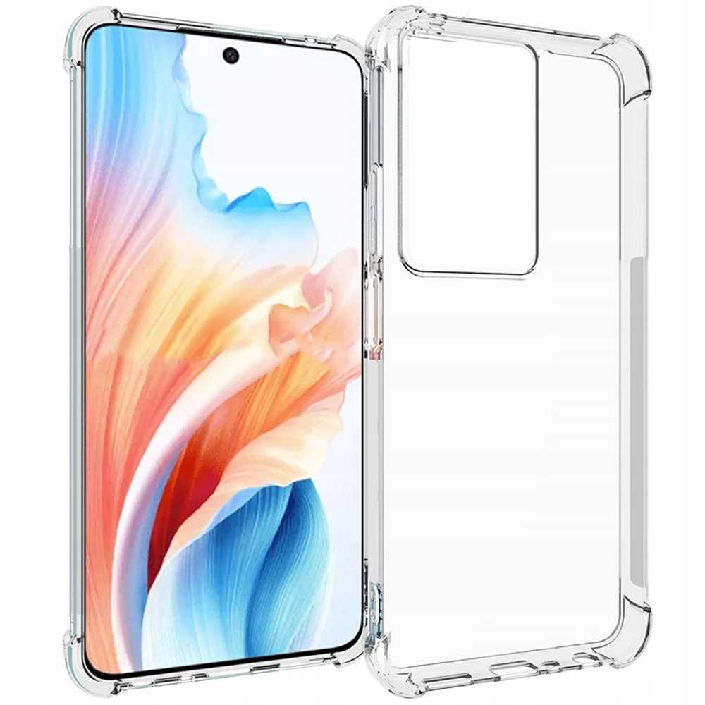 Telefon w przezroczystym etui, ekran wyświetla kolorową grafikę. Drugie przezroczyste etui po prawej.